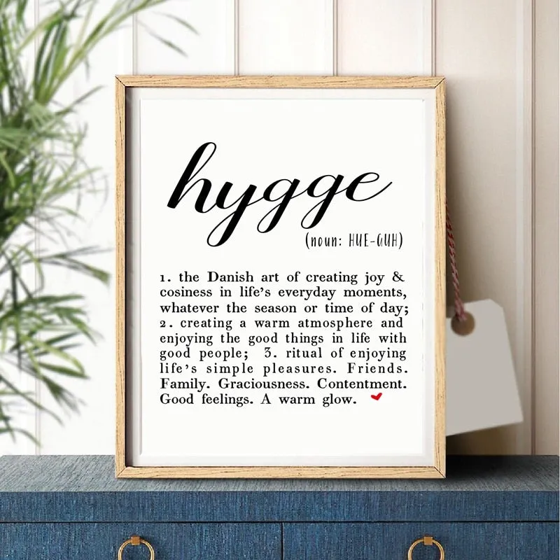 Definition of Hygge Danish Lifestyle Nordic Style Wall Art Fine Art Canvas Prints Minimalist Black White Typographic Poster Scandinavian Home Decor