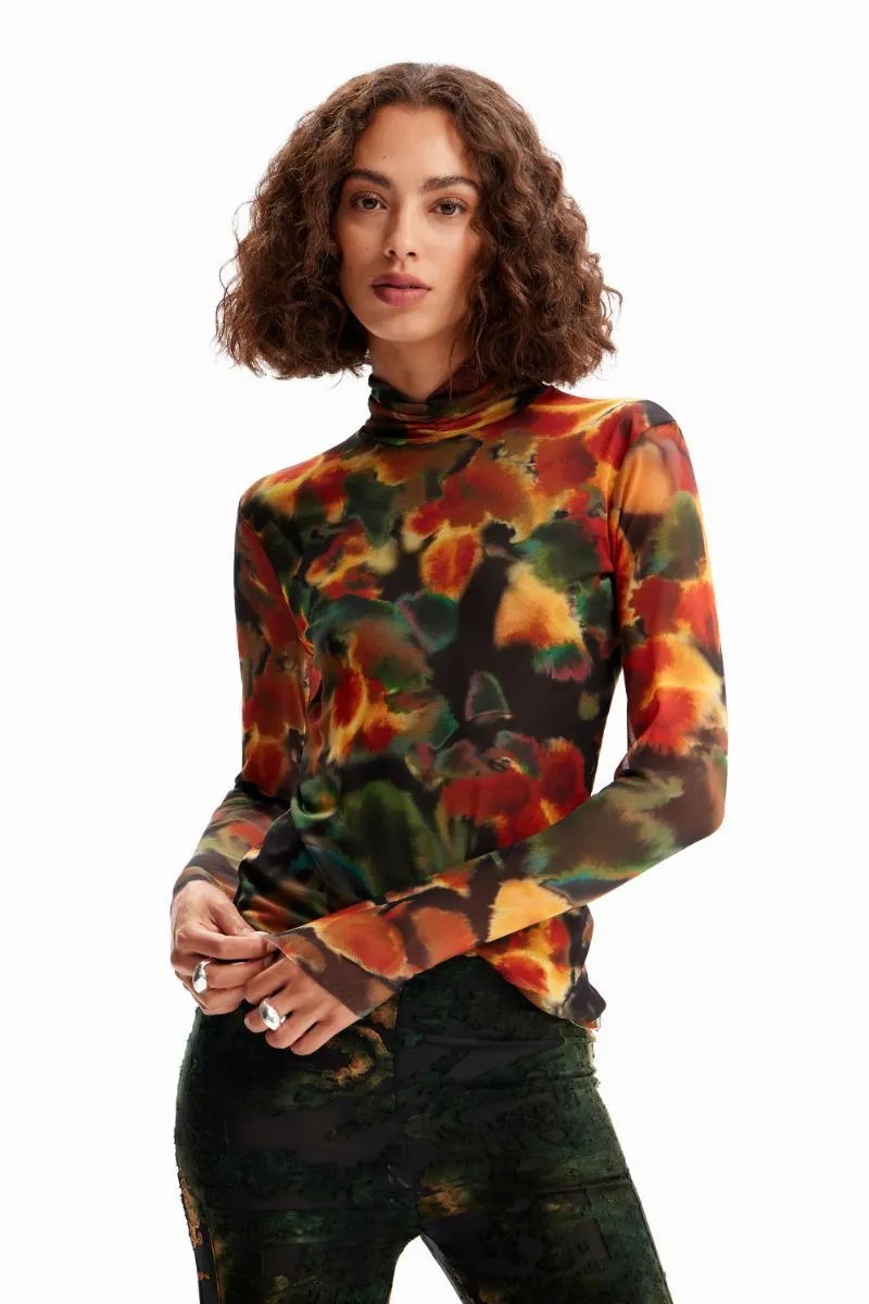 Desigual Mesh Print Top - Kaki Oscuro