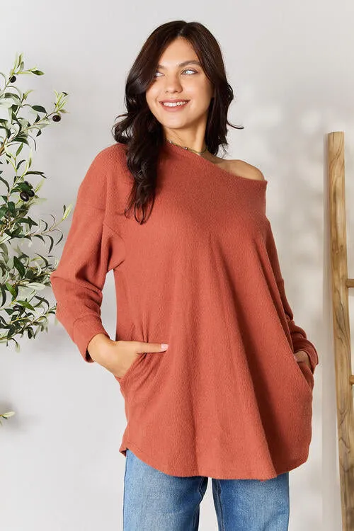 Drop Shoulder Long Sleeve Blouse with Pockets