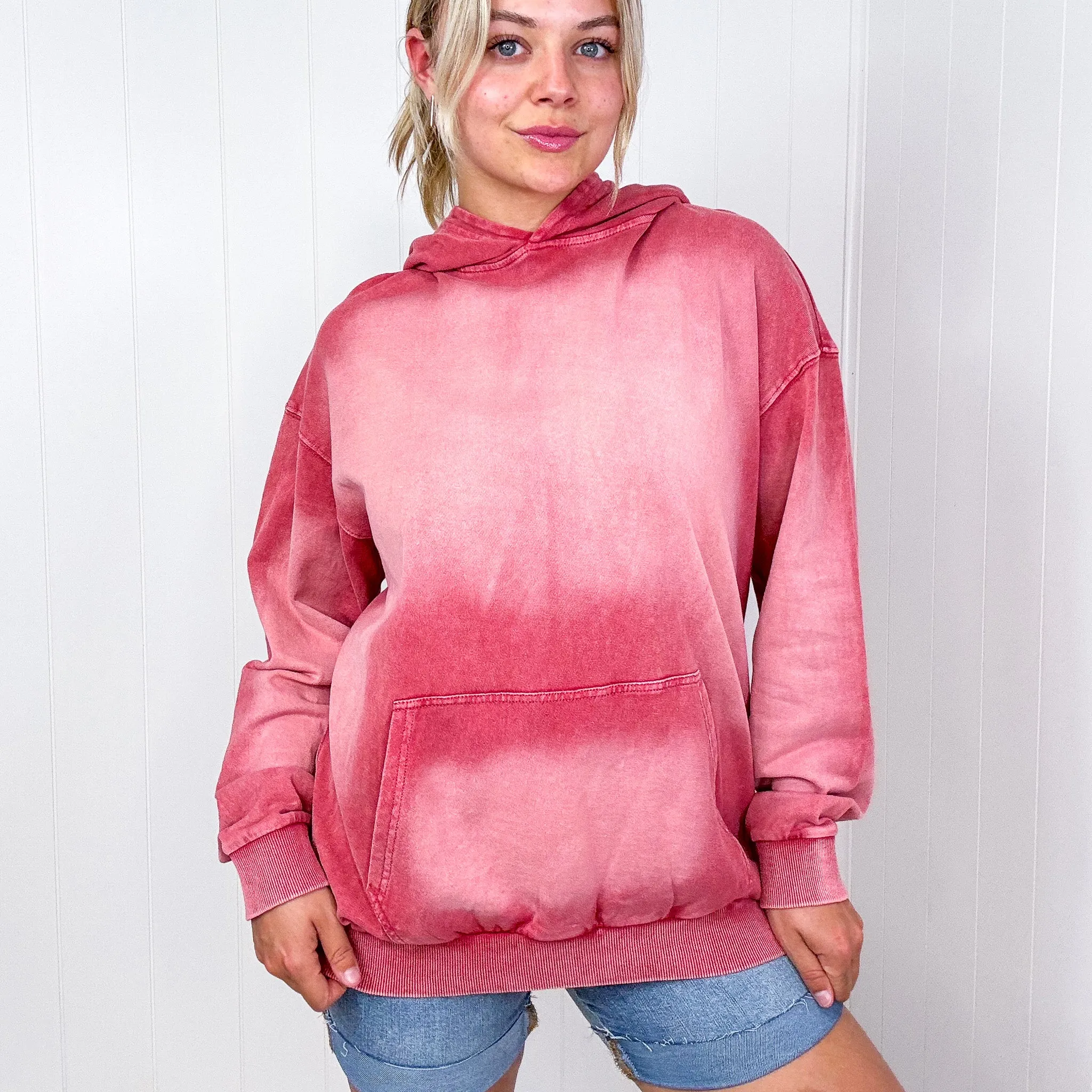 Easel Boho Ombre Faded Pocket Long Sleeve Hoodie in 2 Colors