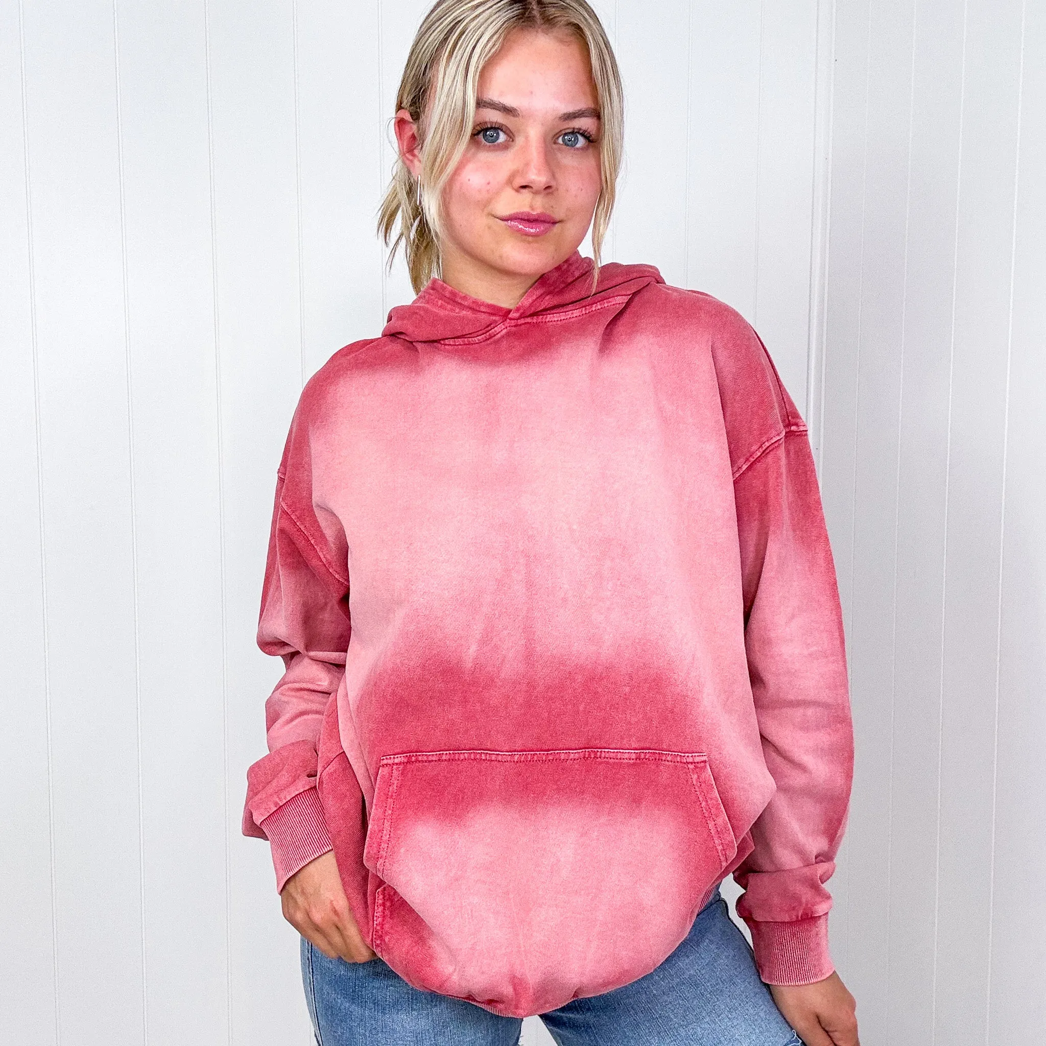 Easel Boho Ombre Faded Pocket Long Sleeve Hoodie in 2 Colors