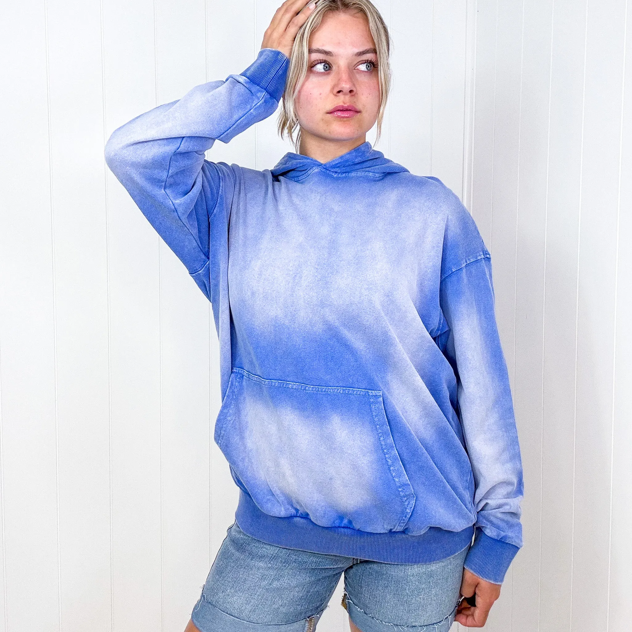 Easel Boho Ombre Faded Pocket Long Sleeve Hoodie in 2 Colors