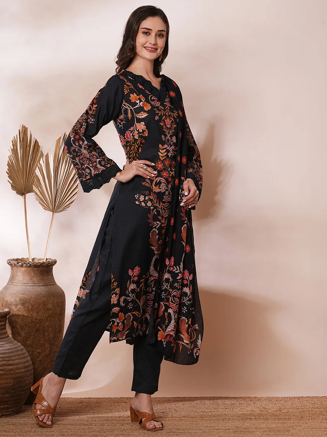 Ethnic Floral Printed Straight Fit Kurta with Pant and Dupatta - Black