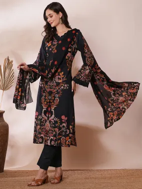 Ethnic Floral Printed Straight Fit Kurta with Pant and Dupatta - Black