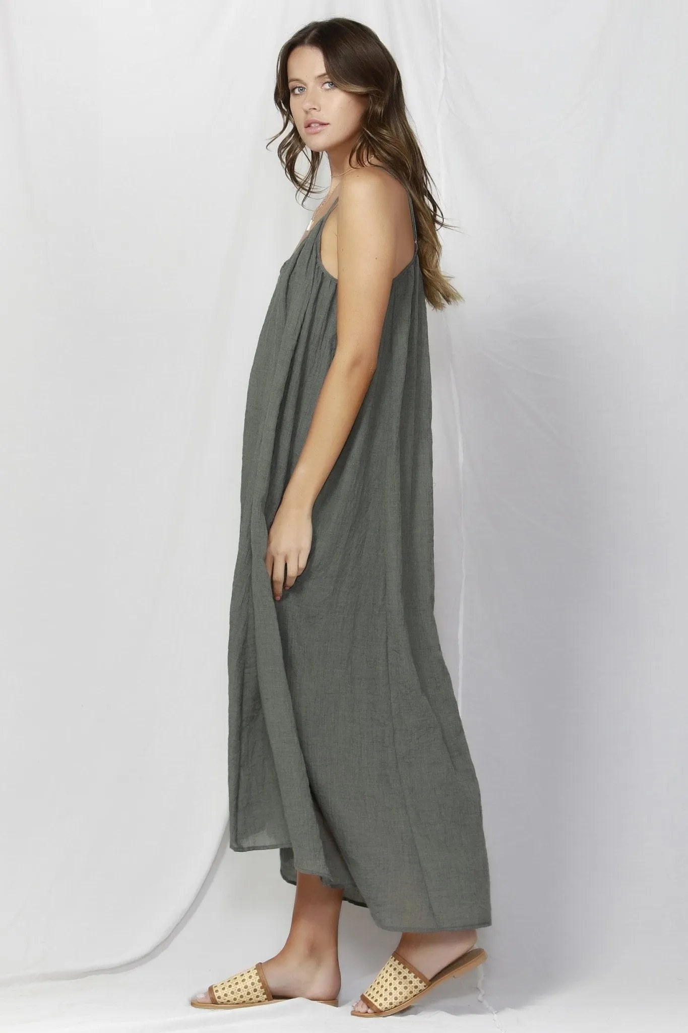 Fate   Becker Sunday Strap Maxi Dress in Khaki