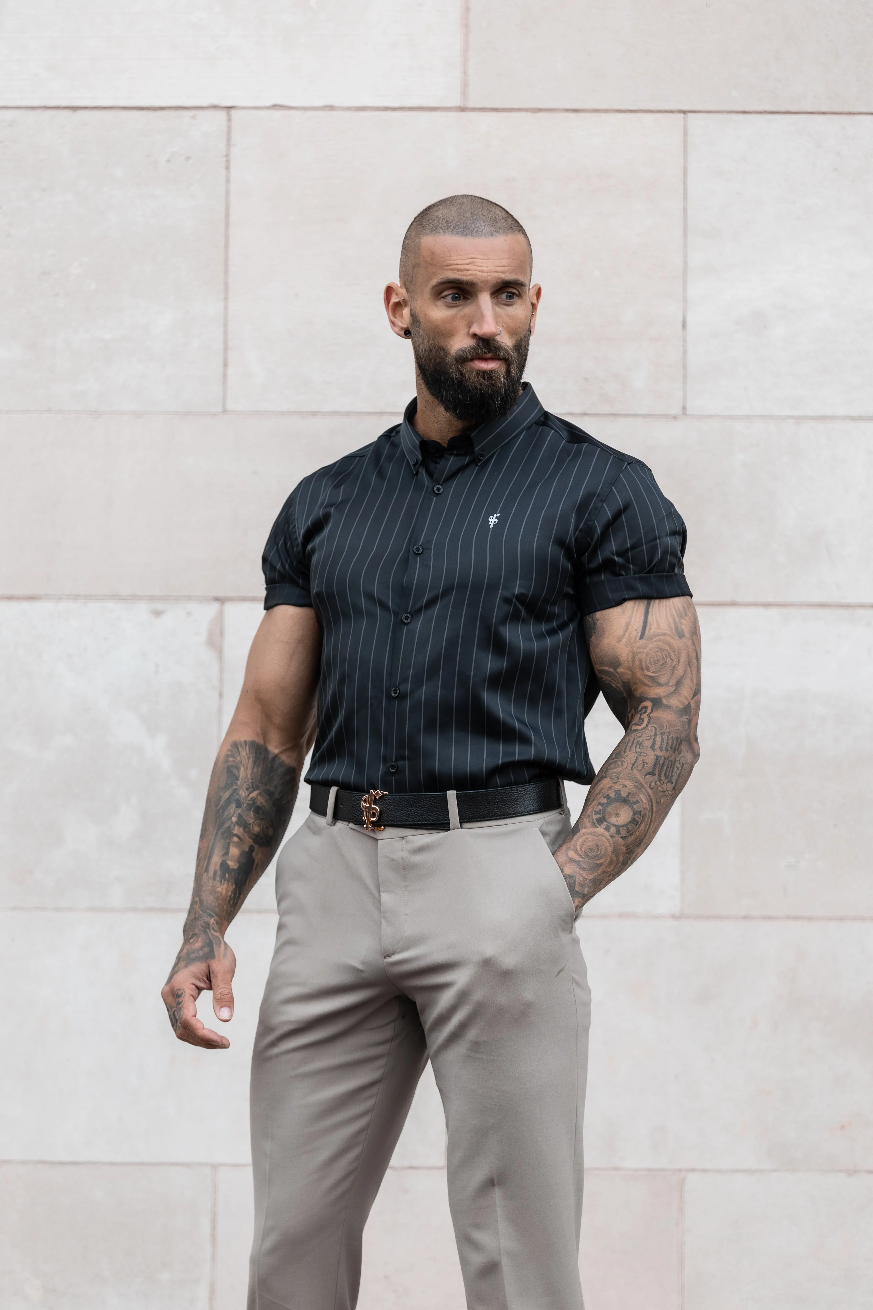 Father Sons Classic Black / Grey Woven Sateen Stripe Short Sleeve - FS992