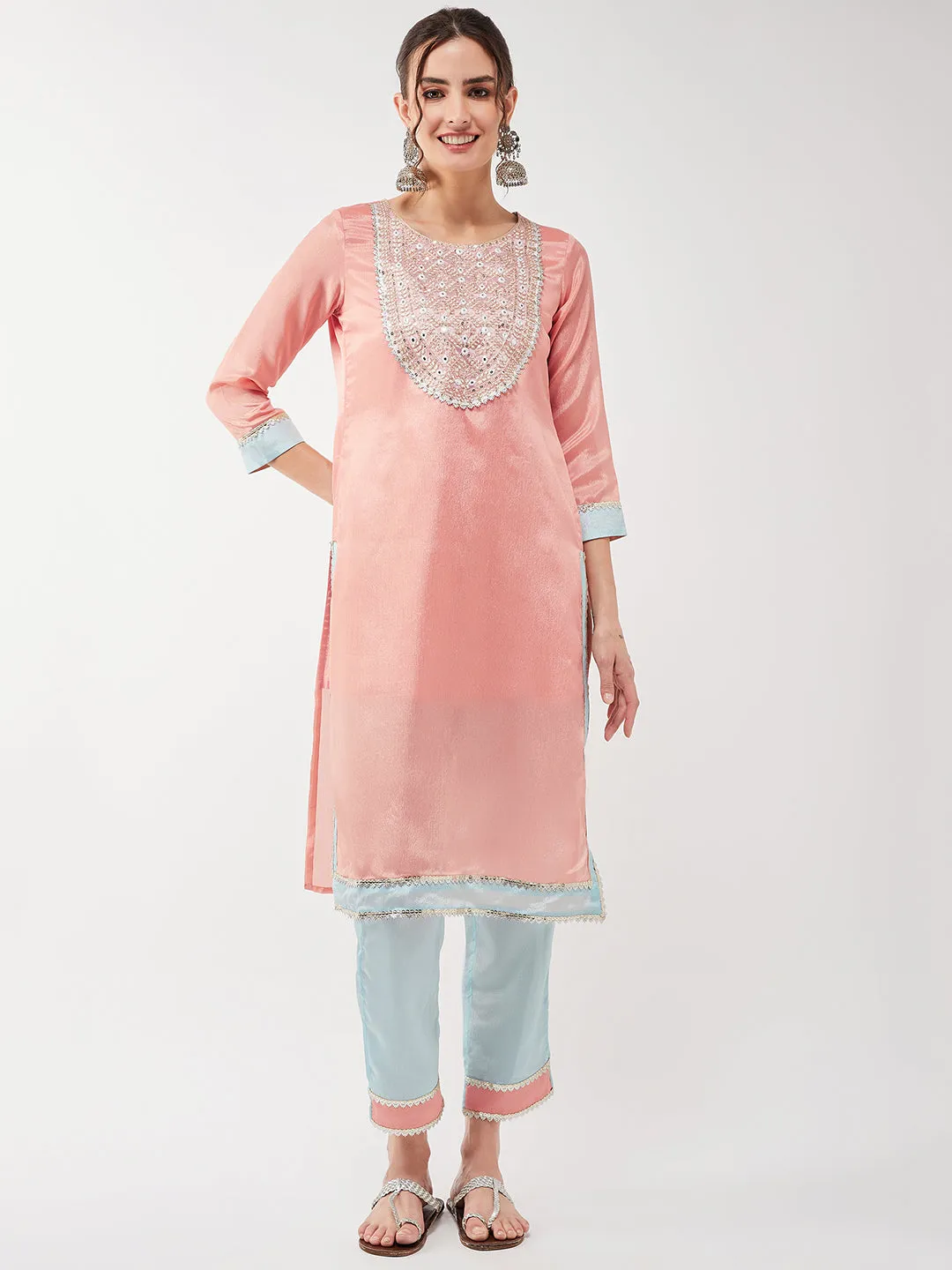 Festive Pastel Embroidered Neck Kurta With Pant Set