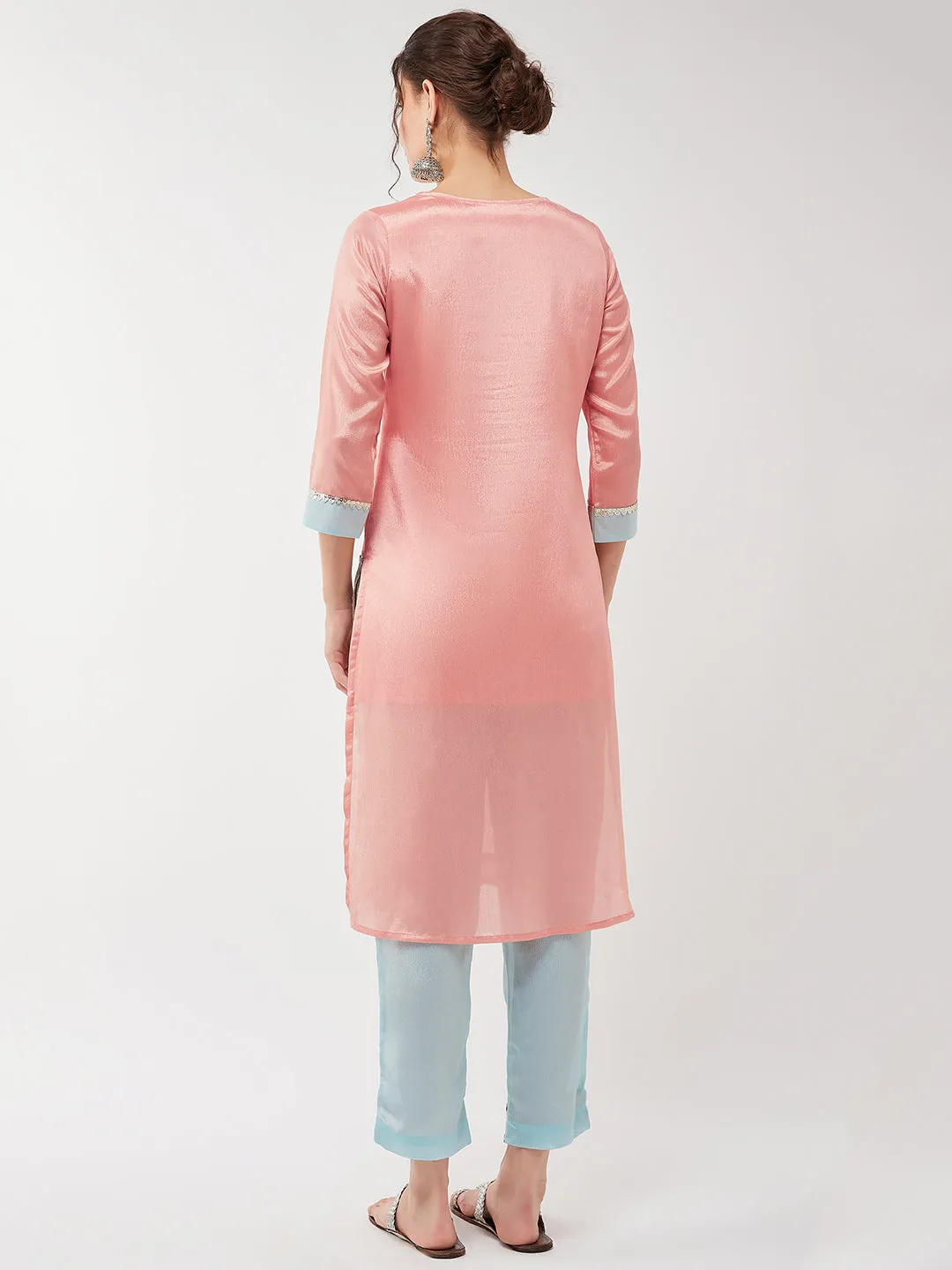 Festive Pastel Embroidered Neck Kurta With Pant Set