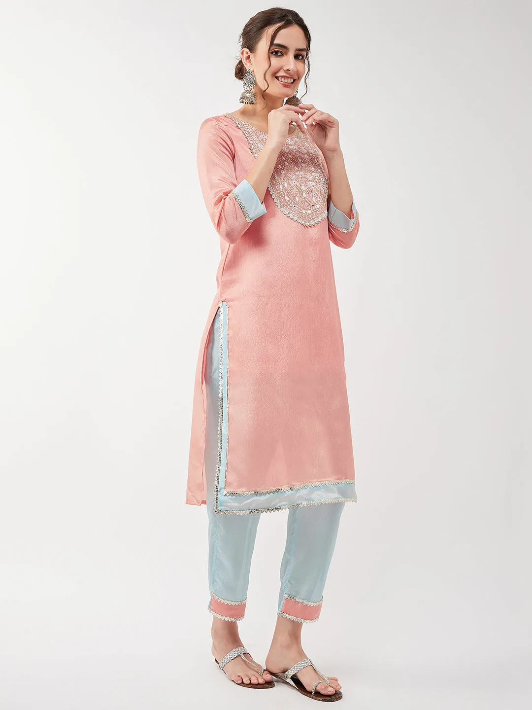 Festive Pastel Embroidered Neck Kurta With Pant Set