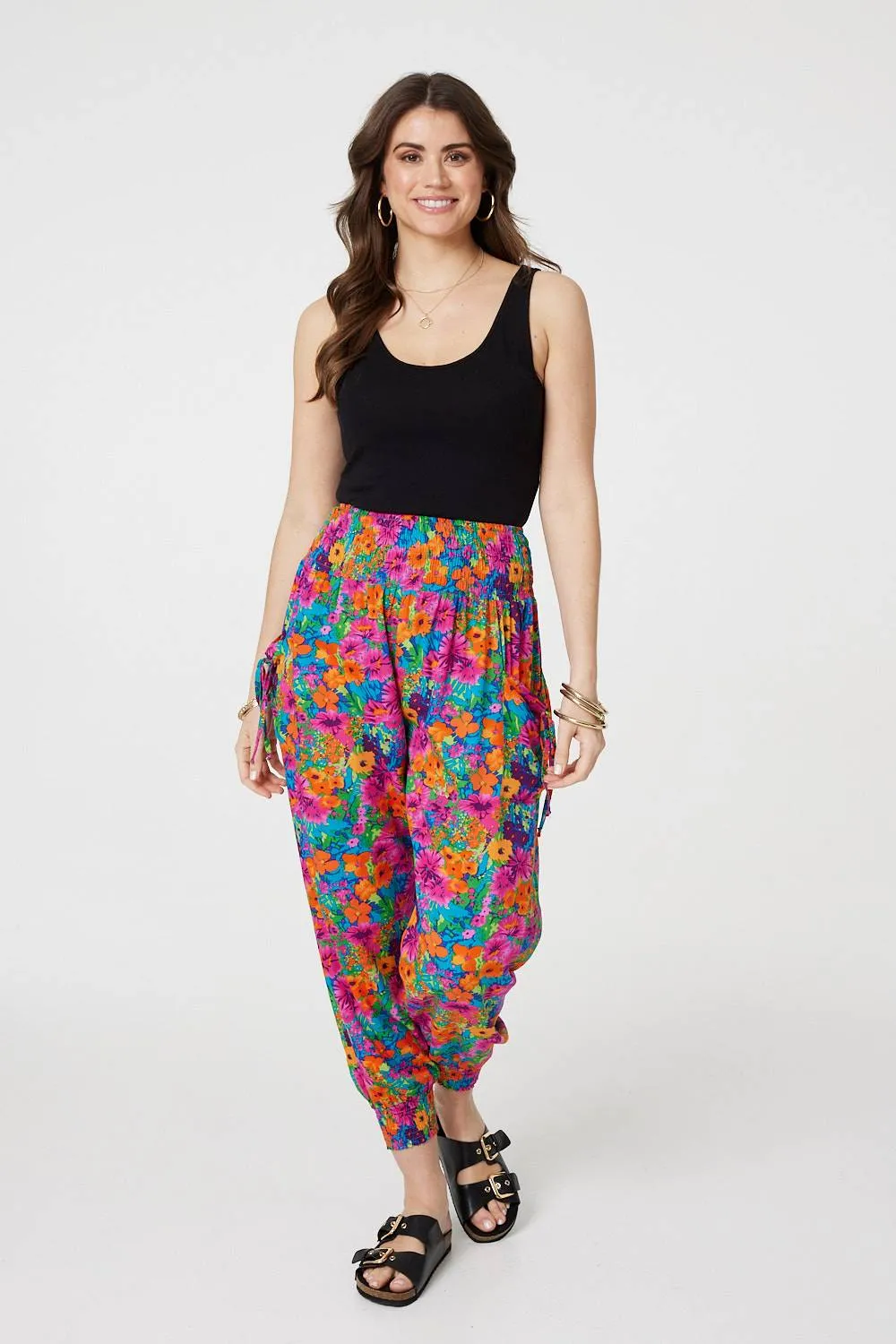 Floral Shirred High Waist Harem Pants