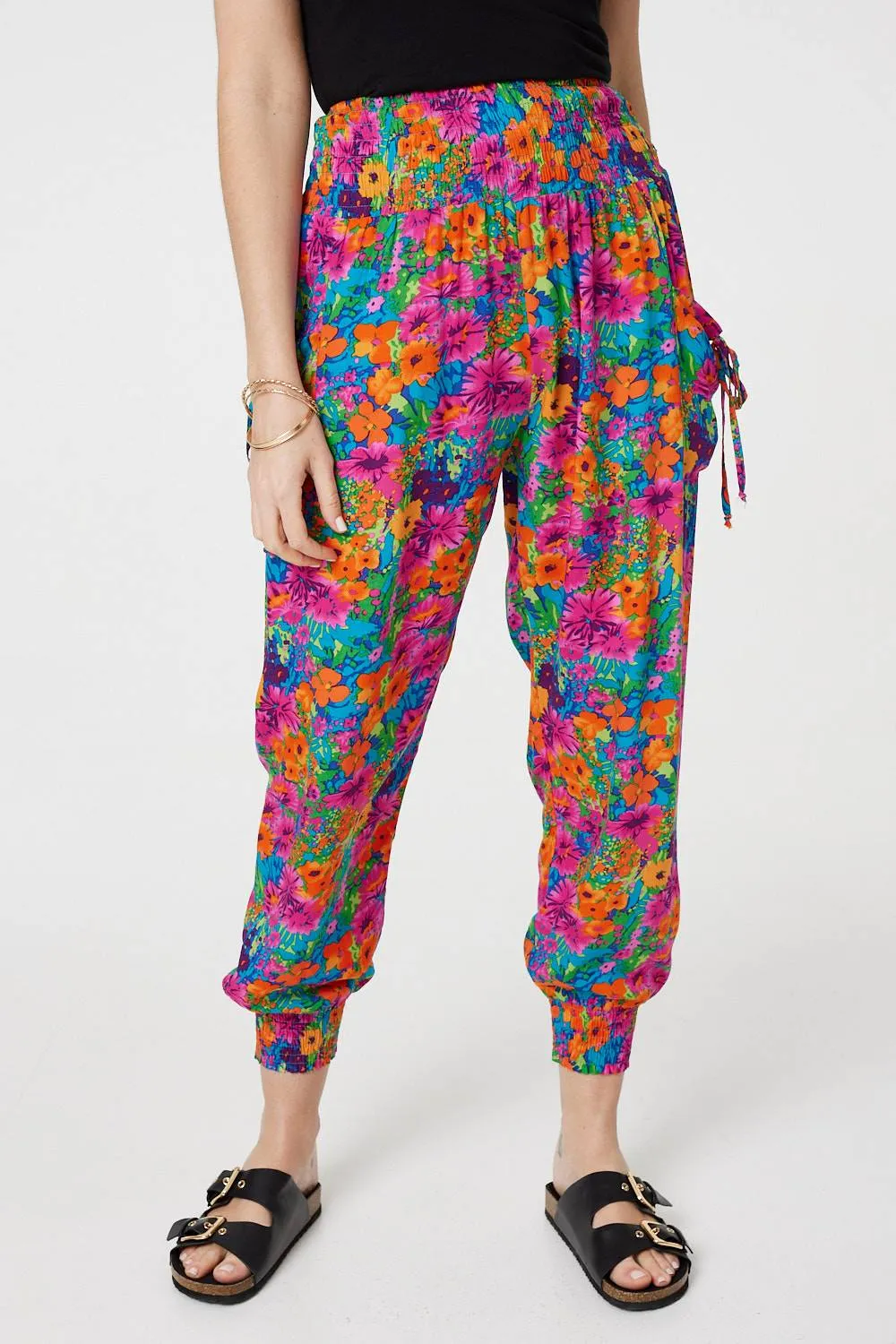 Floral Shirred High Waist Harem Pants