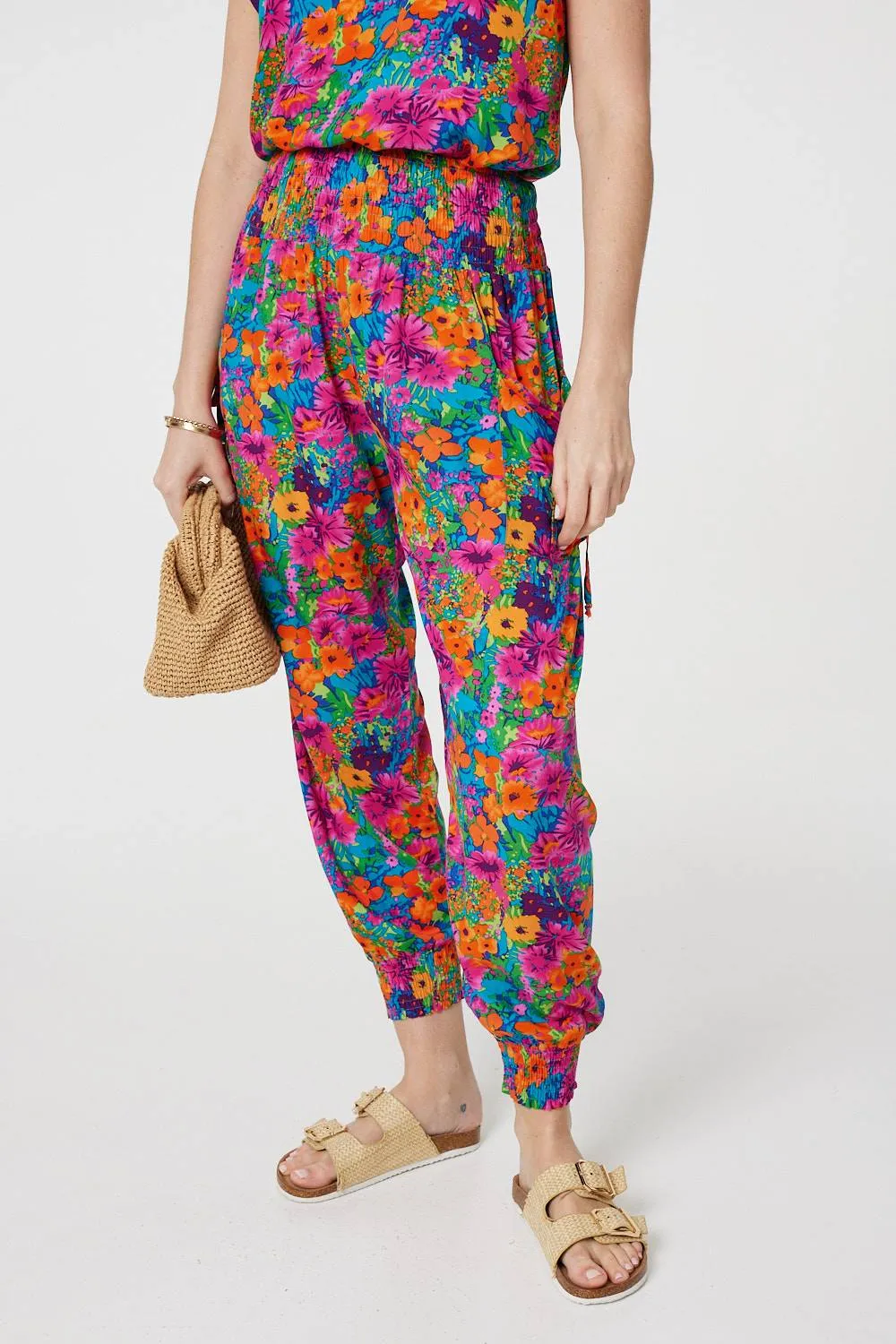 Floral Shirred High Waist Harem Pants