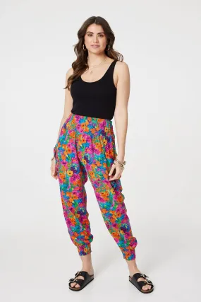 Floral Shirred High Waist Harem Pants