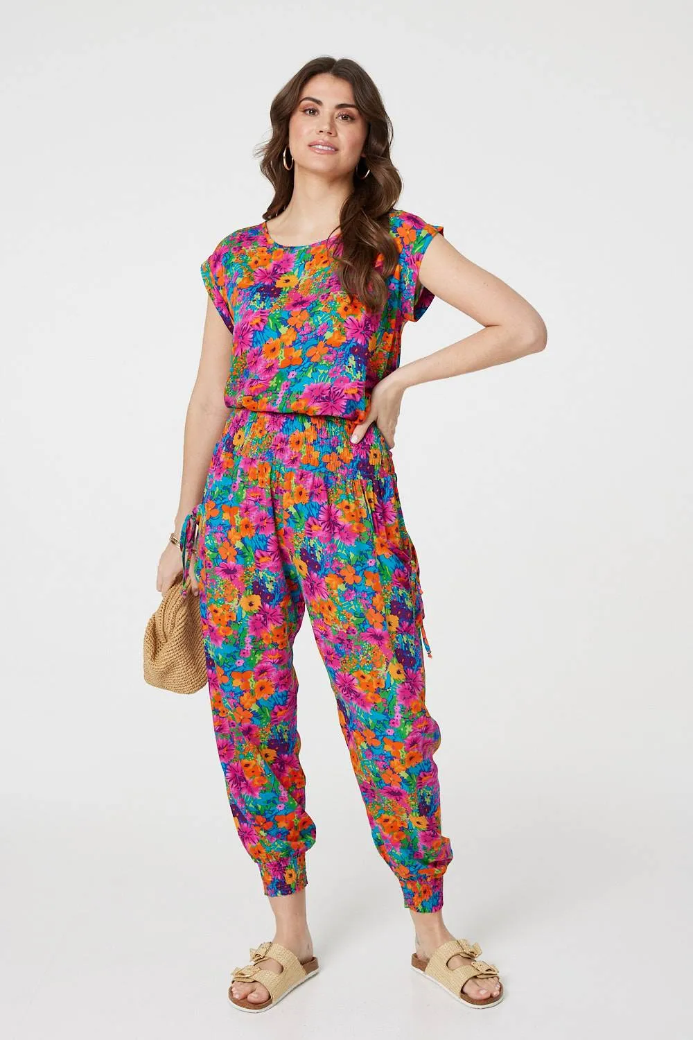 Floral Shirred High Waist Harem Pants