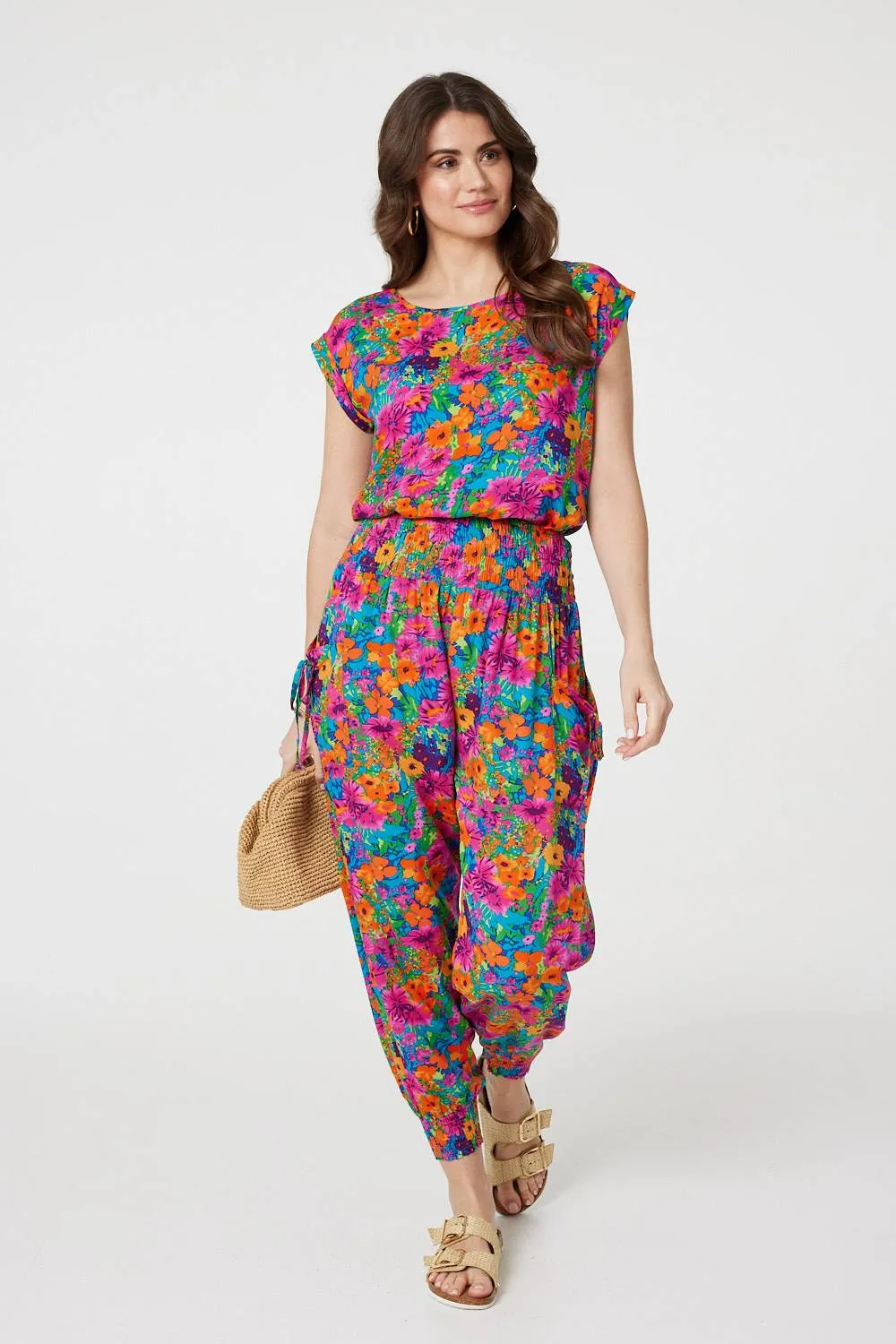 Floral Shirred High Waist Harem Pants