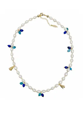 Freshwater Pearls with Blue Gemstone and Flower Charms Necklace LN029