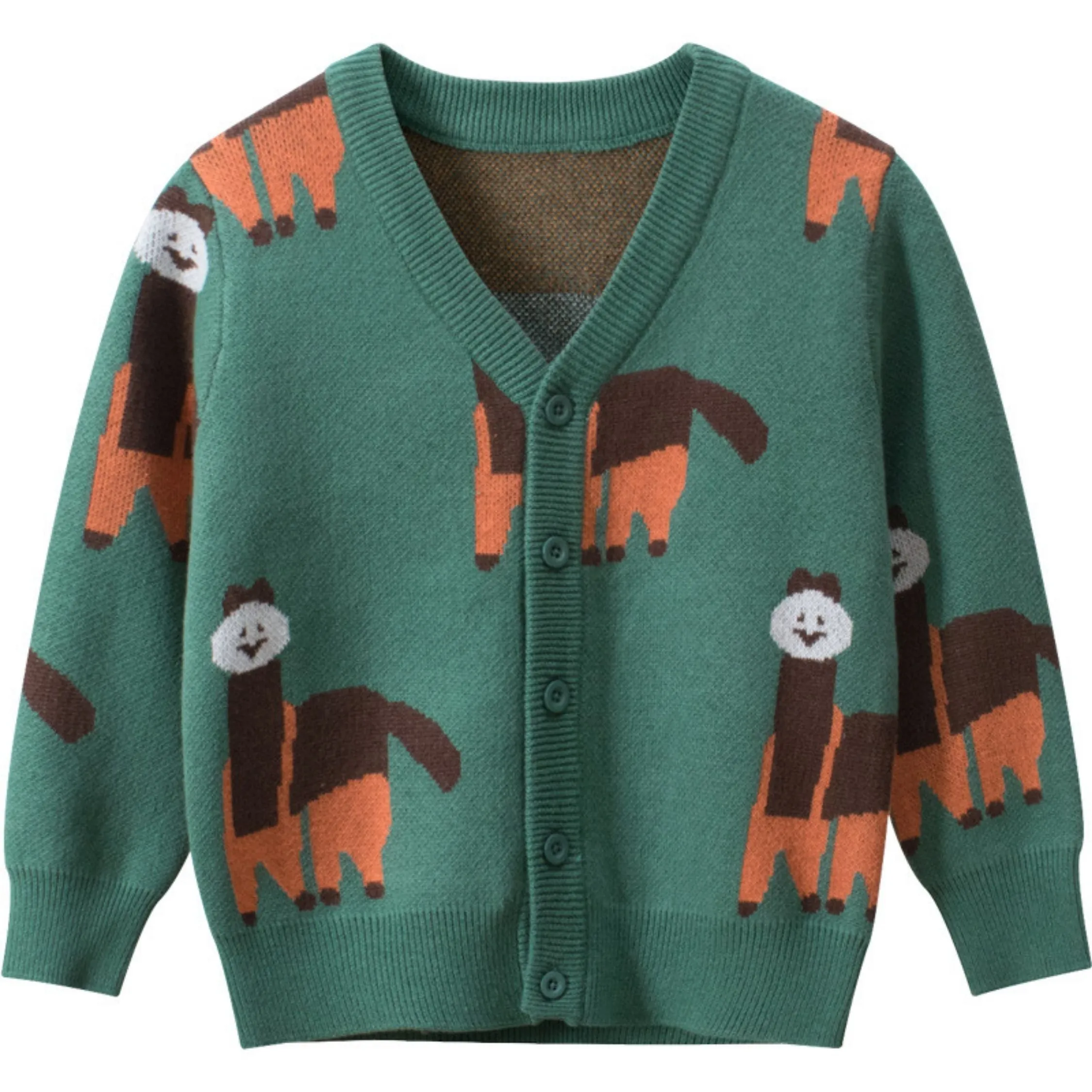 Full Sleeve Beautiful Alpaca Theme Boys Cardigan, Multicolour