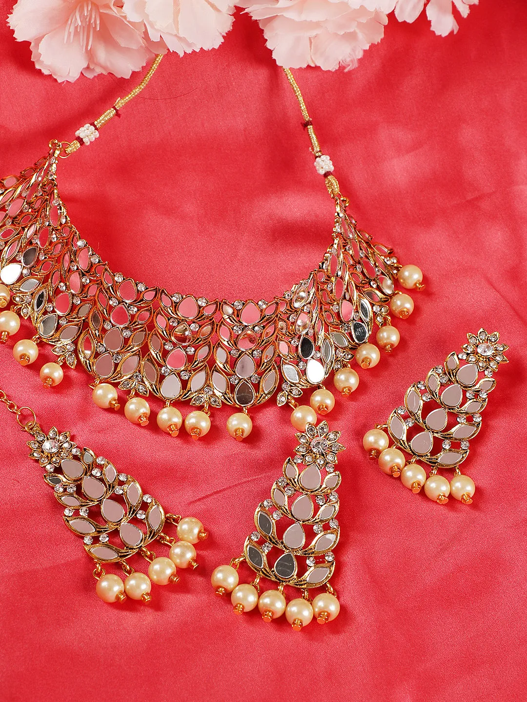 Gold-Plated White Coloured Stone-Studded & Pearl Beaded Handcrafted Jewellery Set