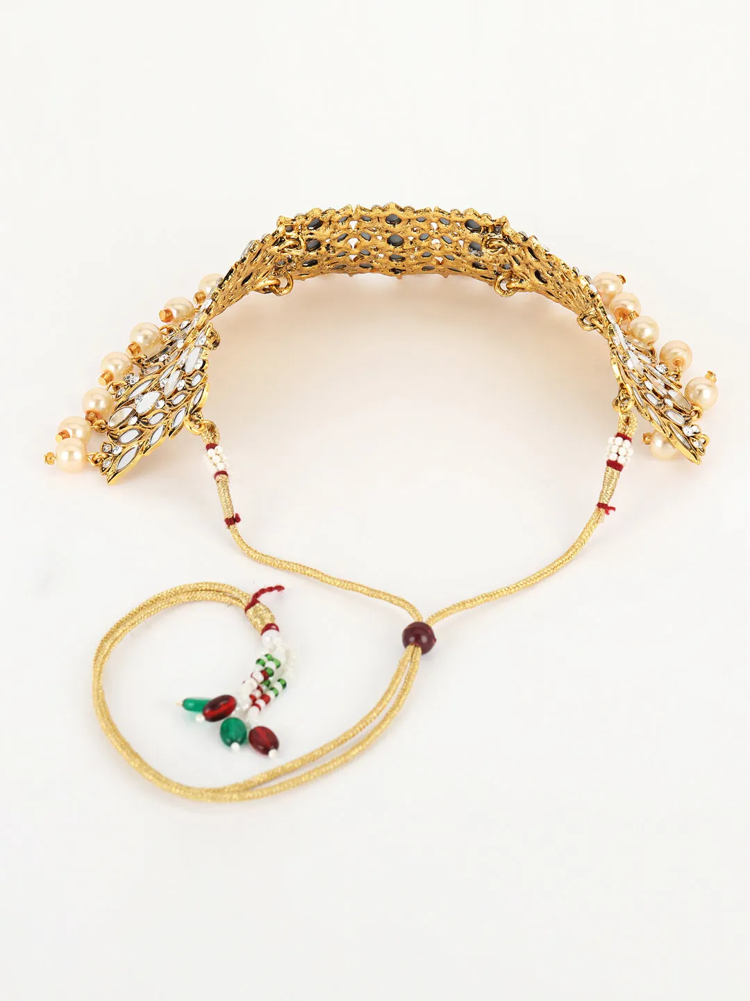 Gold-Plated White Coloured Stone-Studded & Pearl Beaded Handcrafted Jewellery Set