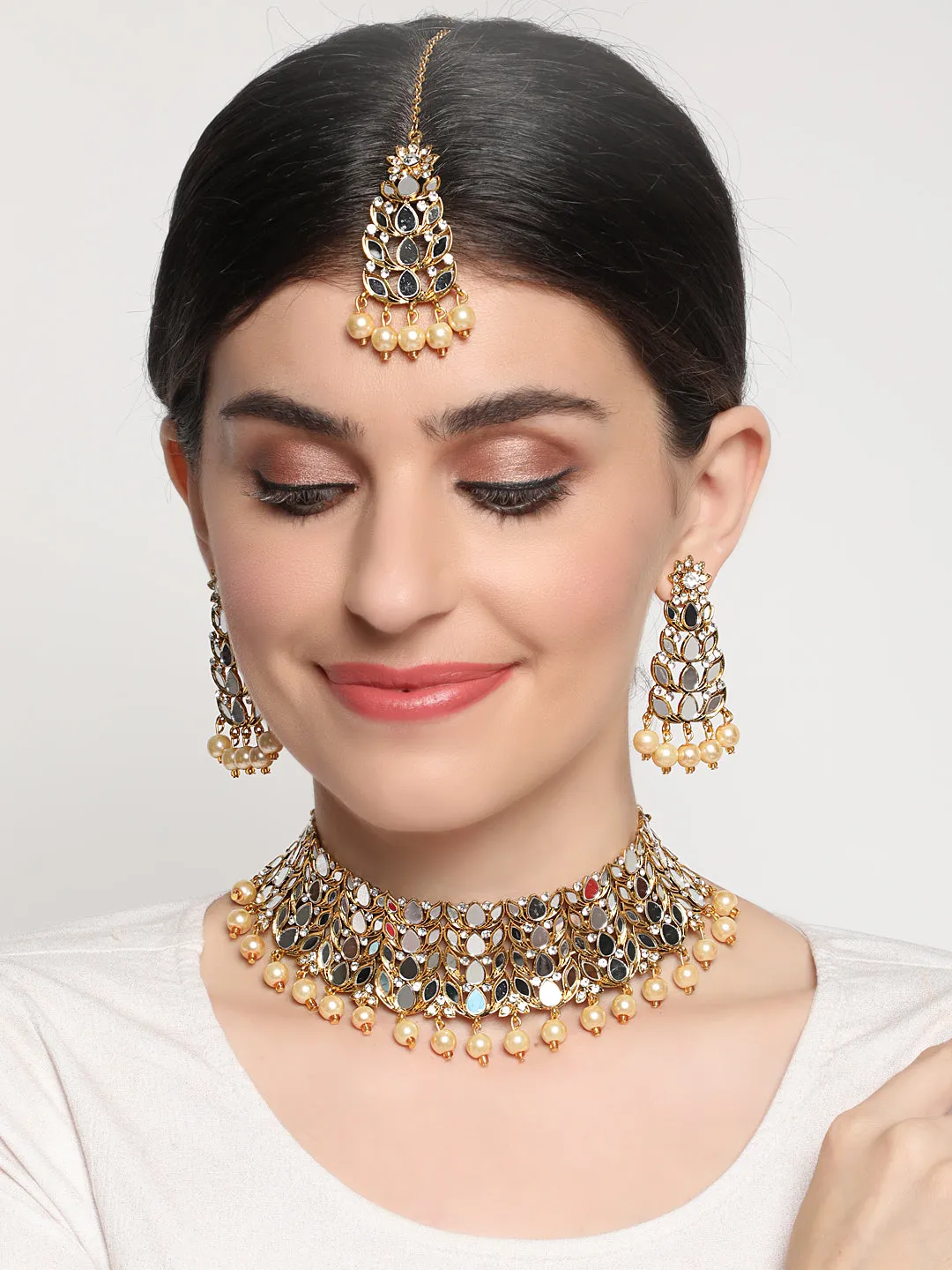 Gold-Plated White Coloured Stone-Studded & Pearl Beaded Handcrafted Jewellery Set