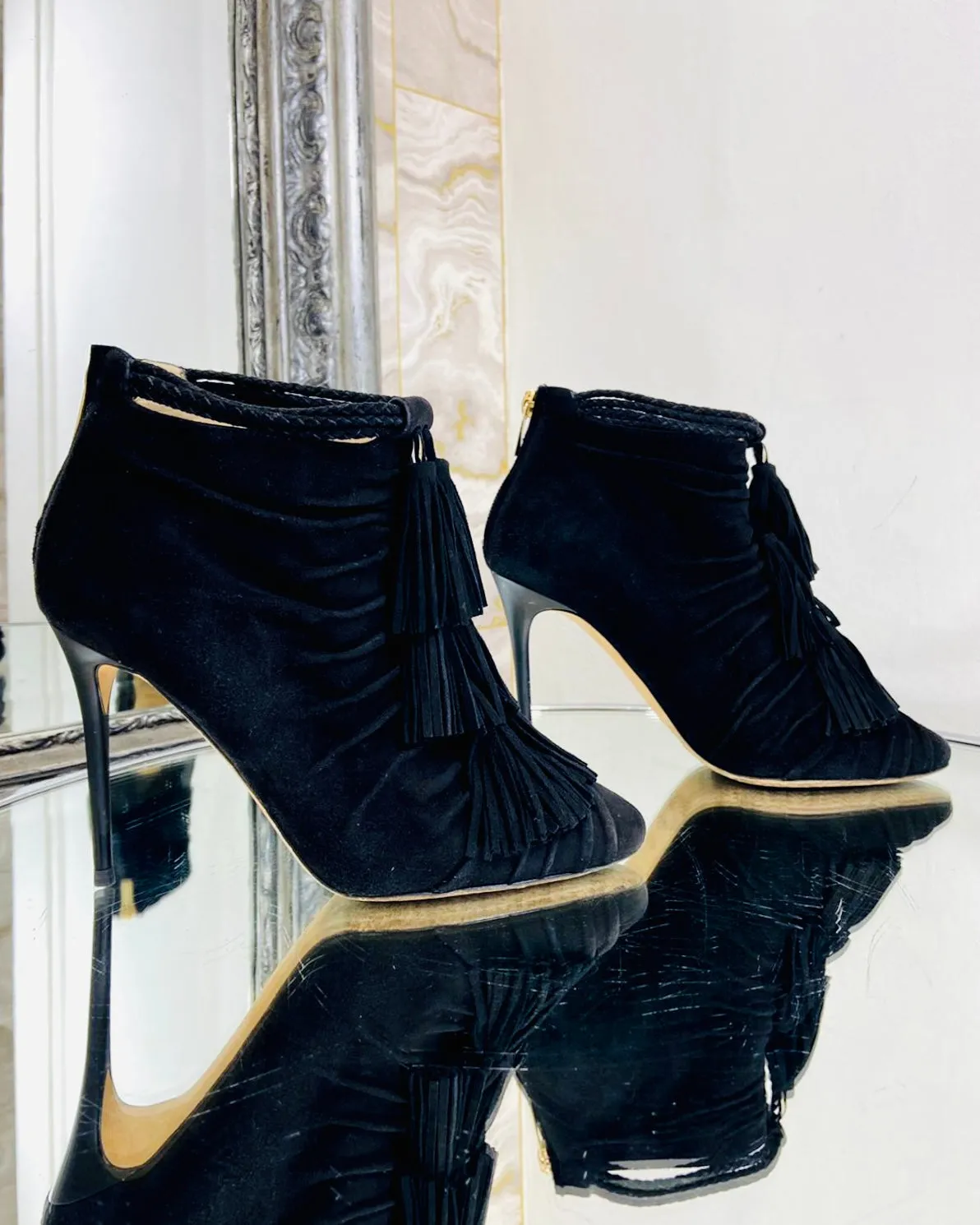 Jimmy Choo Open Toe Suede Tassel Booties. Size 36