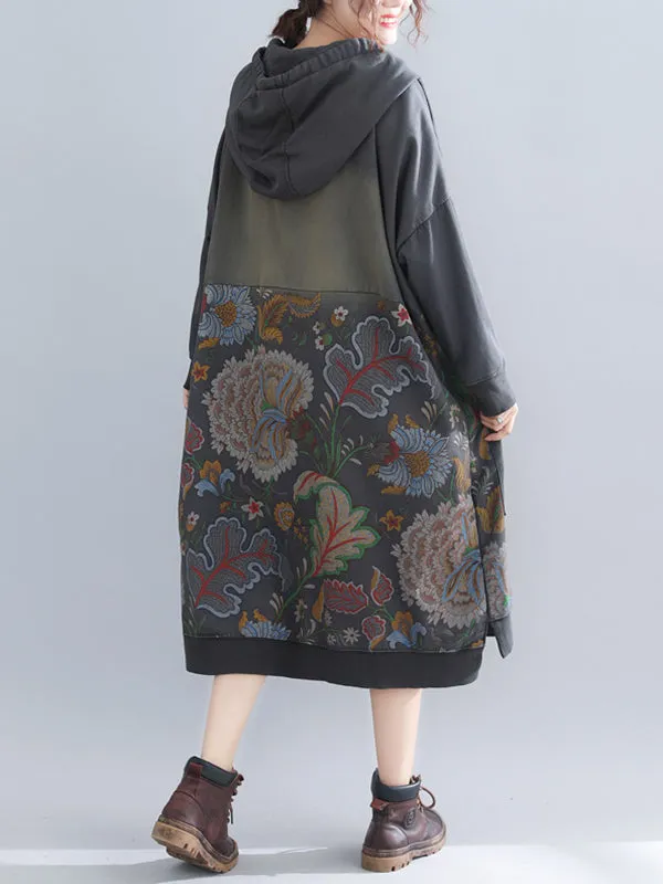 Jo V-Neck Hooded Sweatshirt Floral Prints Shift Dress