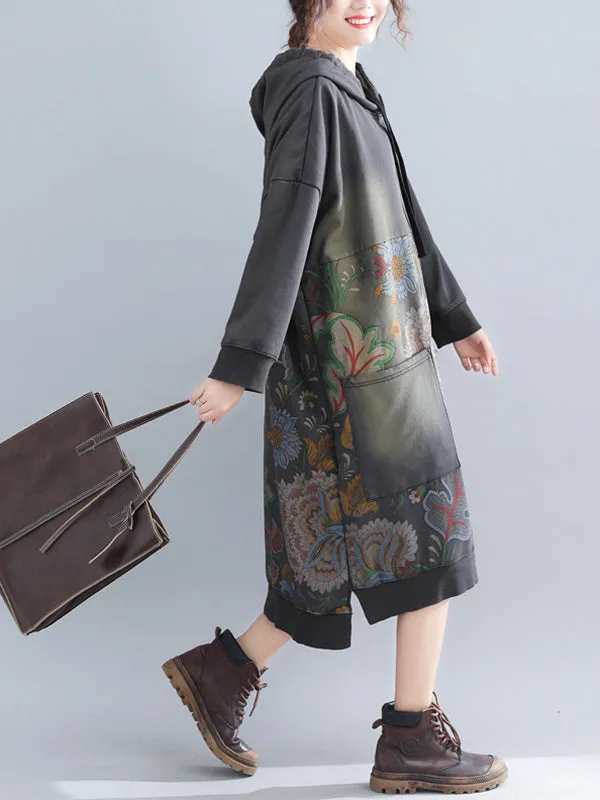 Jo V-Neck Hooded Sweatshirt Floral Prints Shift Dress