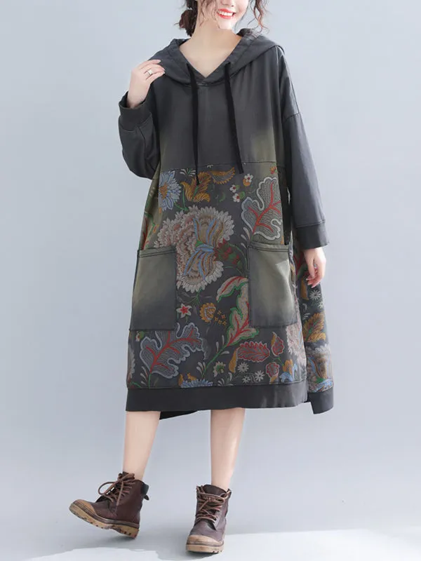 Jo V-Neck Hooded Sweatshirt Floral Prints Shift Dress