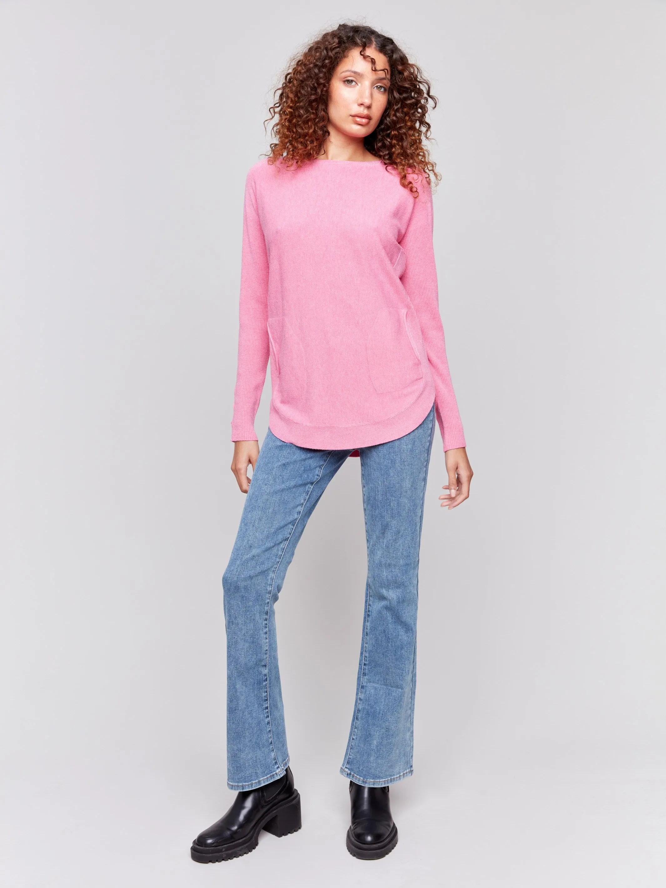 Knit Sweater with Lace-Up Cuffs - Magenta