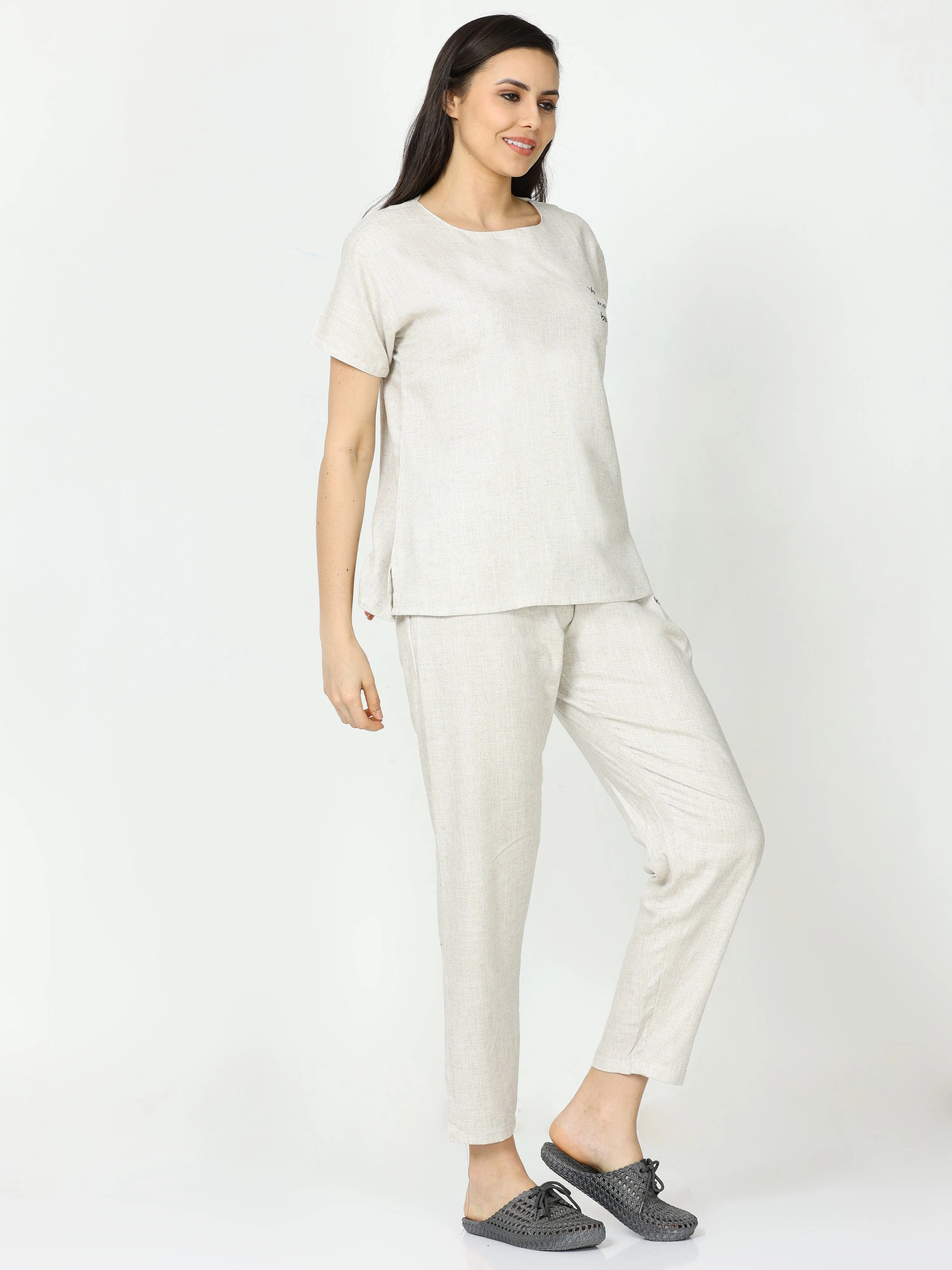 Linen Round Neck Co-ord Sets Beige