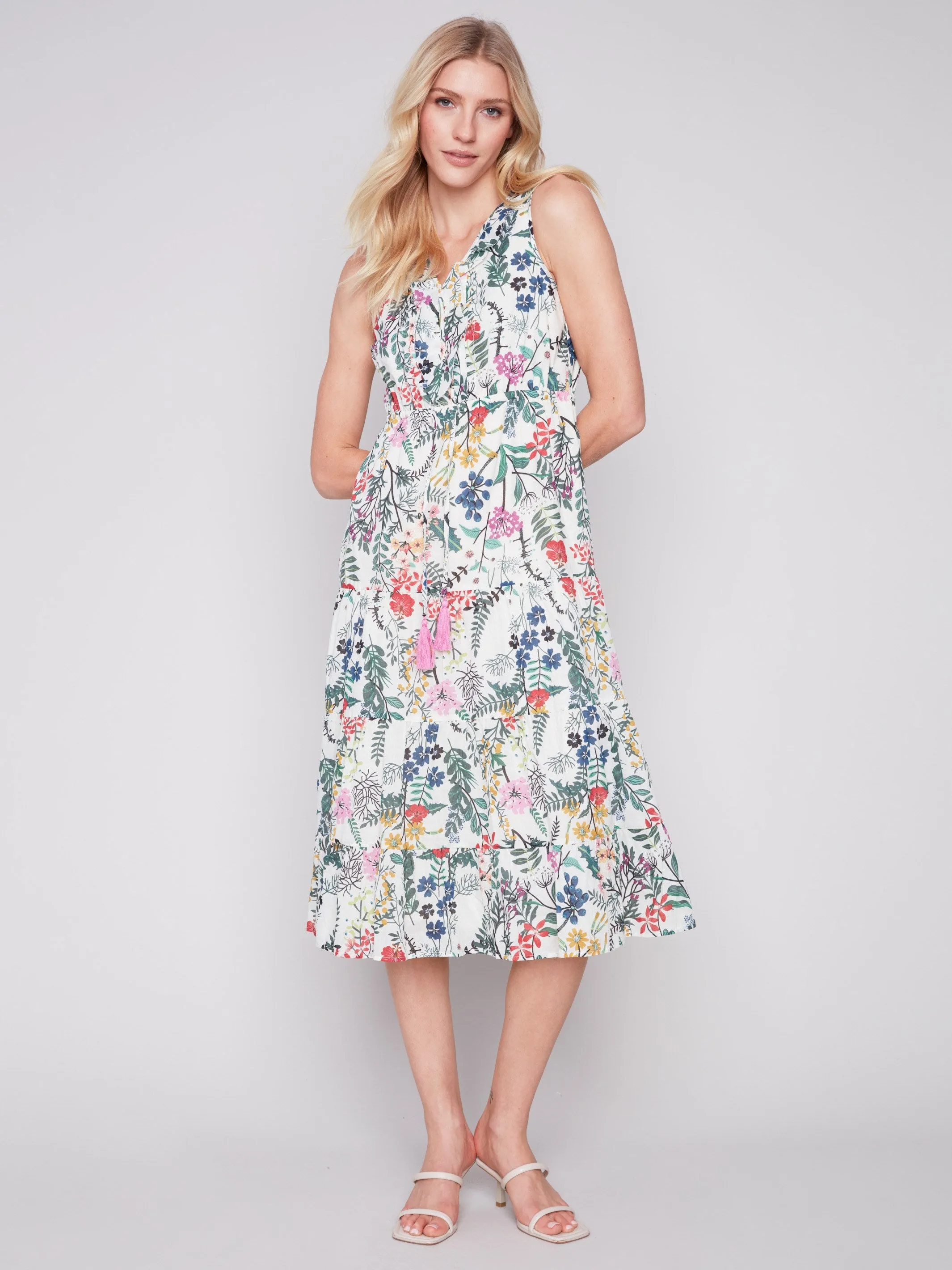 Long Sleeveless Cotton Ruffle Dress - Floral