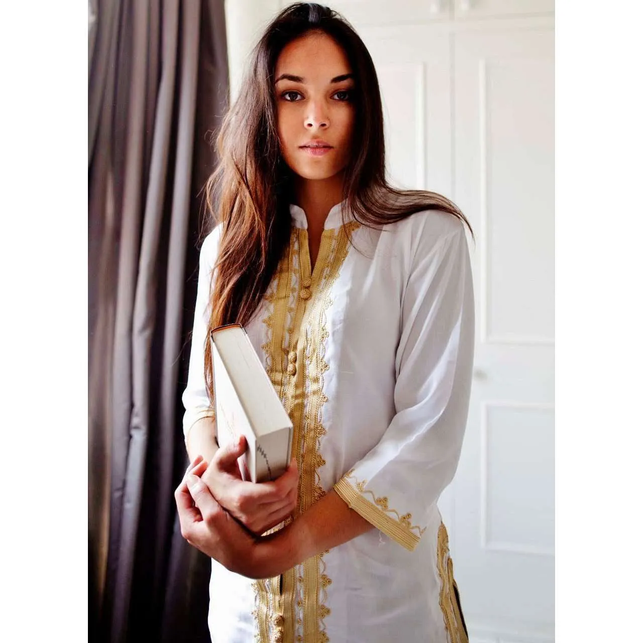 Marrakech White Gold Embroidery Tunic-Moroccan Tunic