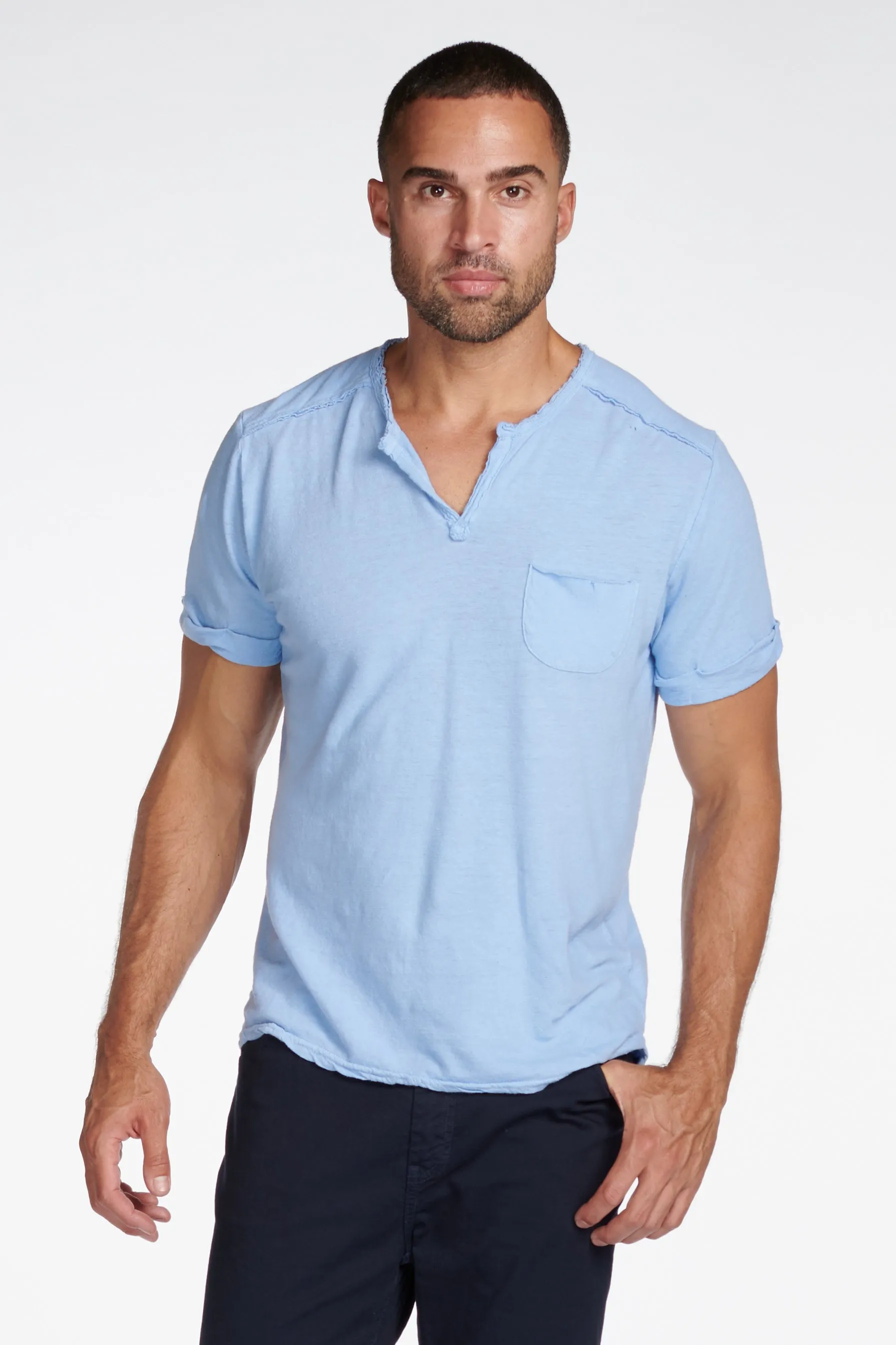 Men's Linen Blend Raw Edge Split V-Neck Tee