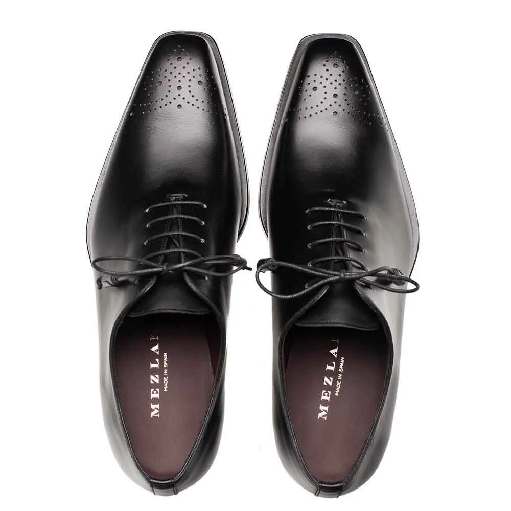 Optimized Title: Luxury Mens Black Whole-Cut Oxford Shoes - Mezlan Cupula Patina Leather