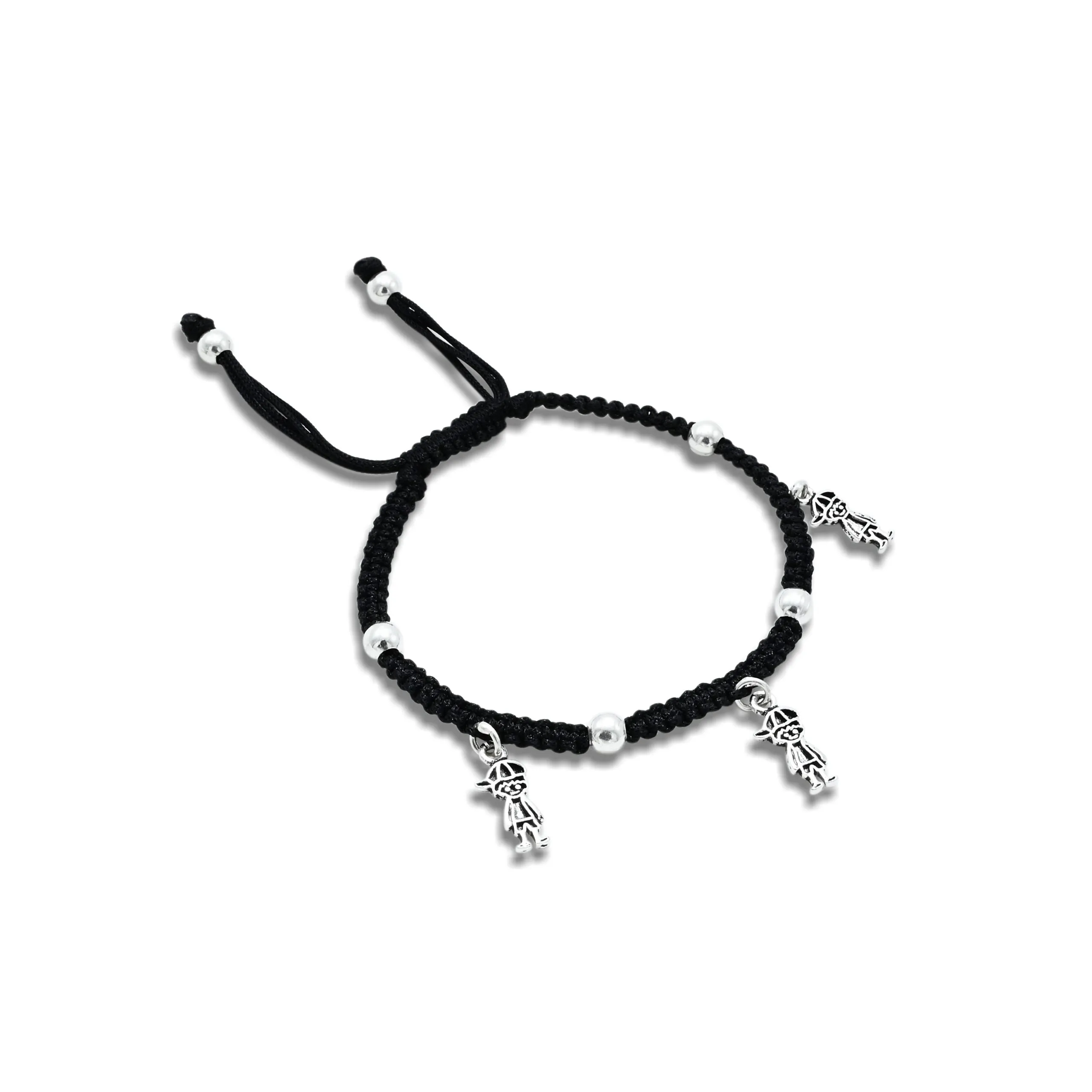 Oxidized Silver "Boy Charms" Black Thread Anklet for Her