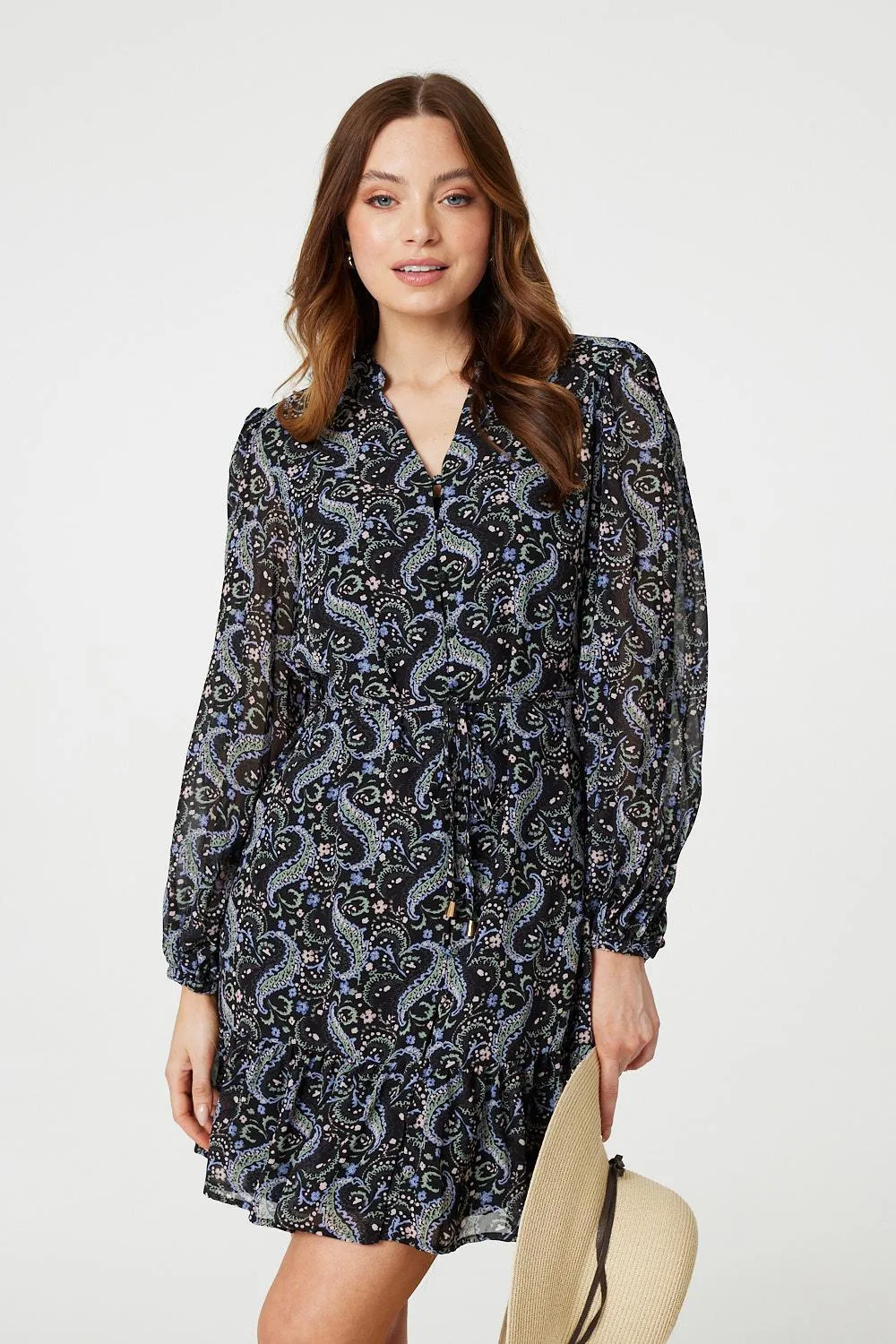 Paisley V-Neck Long Sleeve Mini Dress