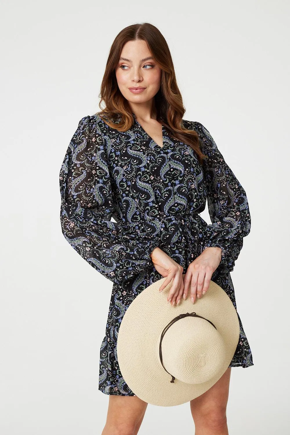 Paisley V-Neck Long Sleeve Mini Dress