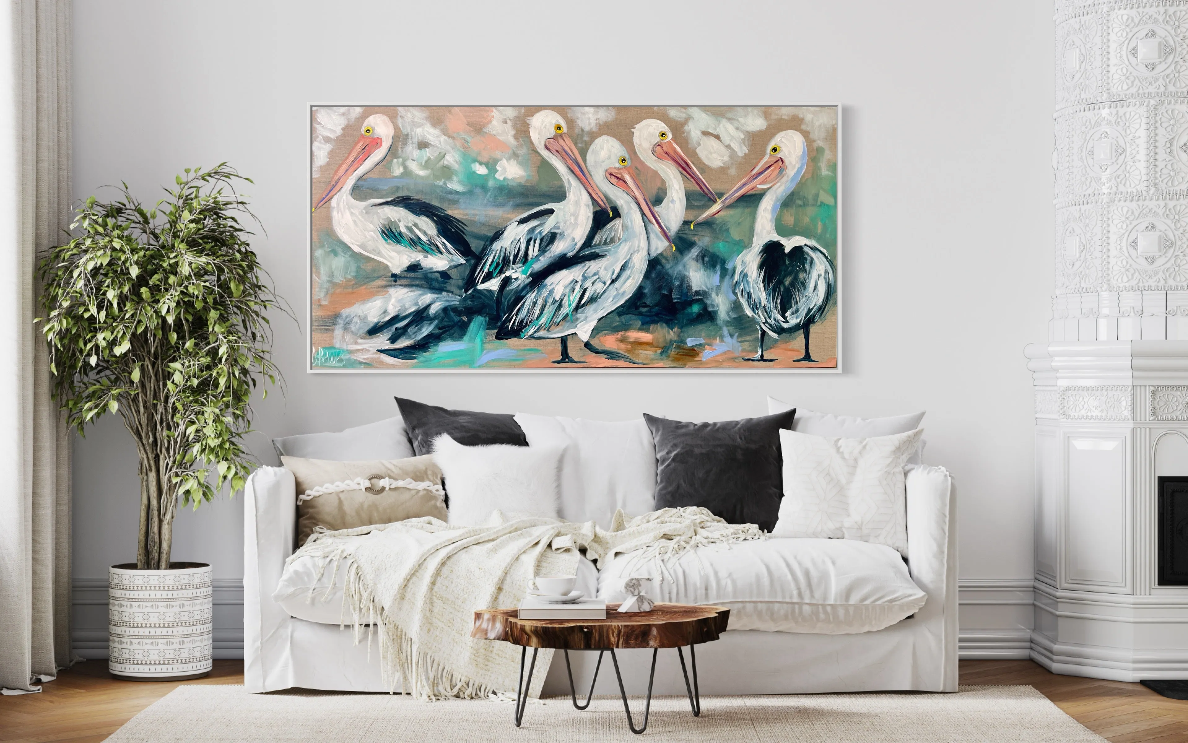 Pelicans on parade-  Original on Belgian linen  75x150 Cm