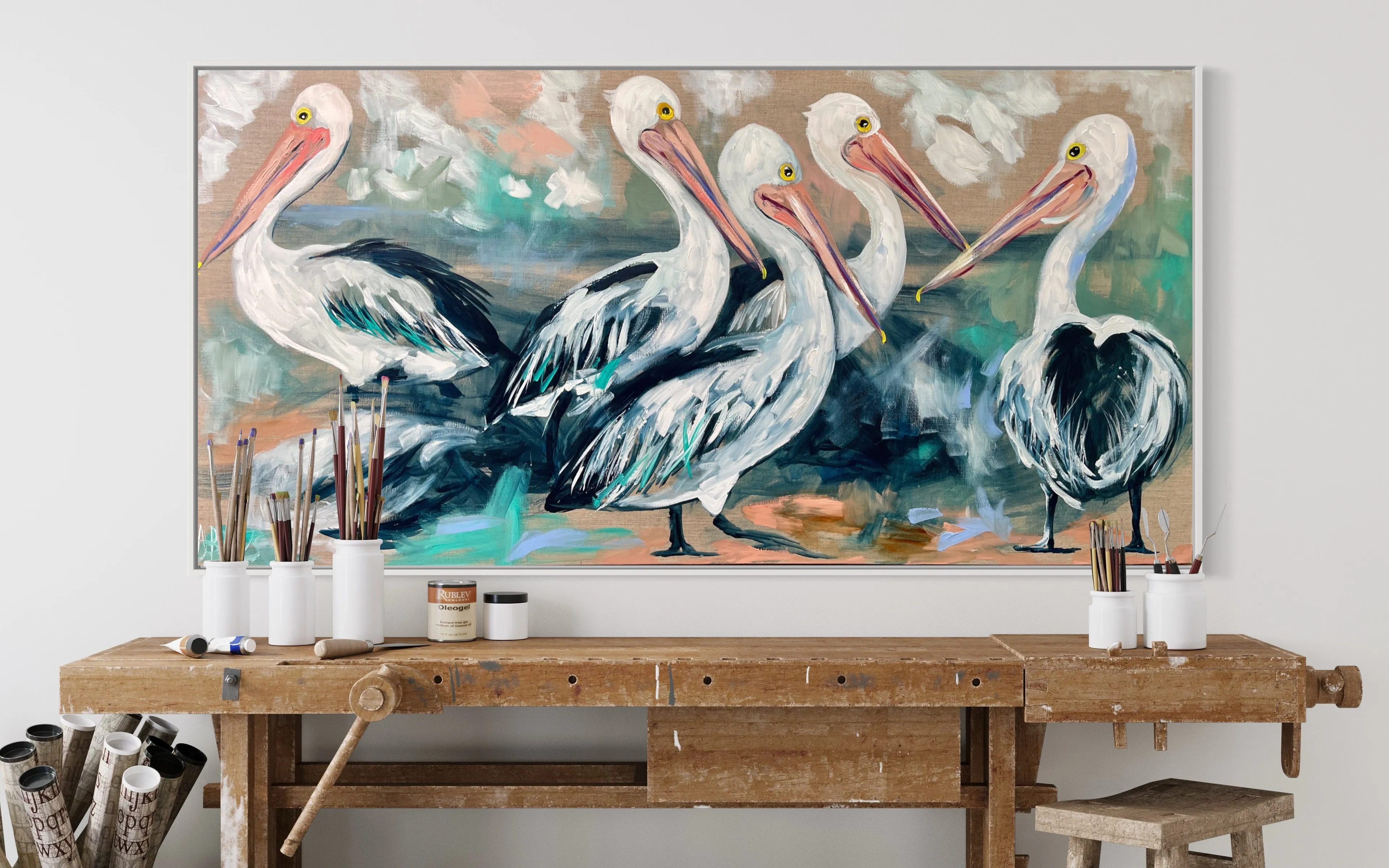 Pelicans on parade-  Original on Belgian linen  75x150 Cm