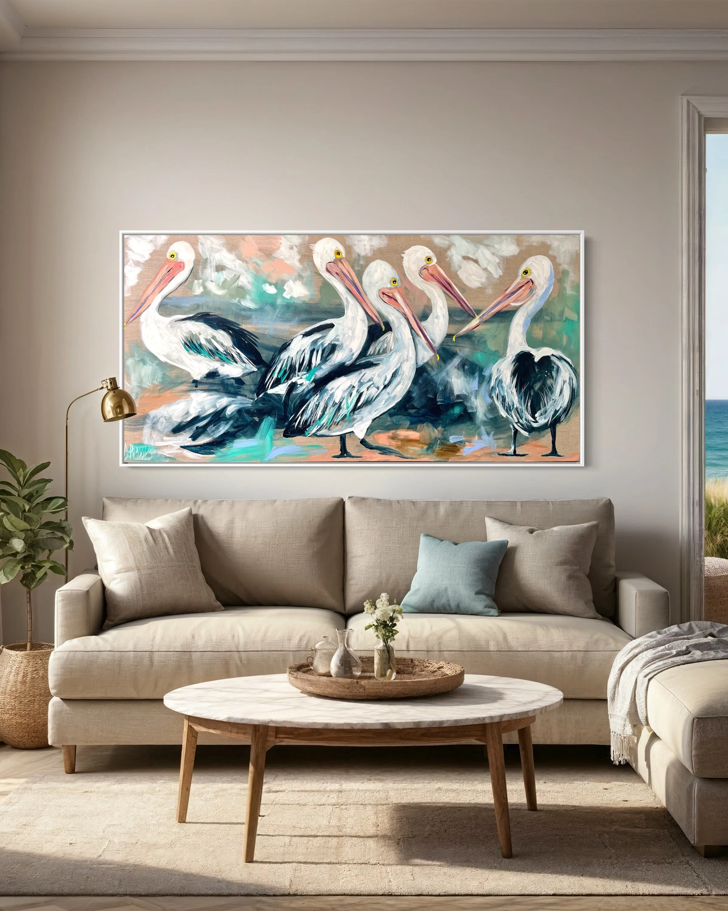 Pelicans on parade-  Original on Belgian linen  75x150 Cm