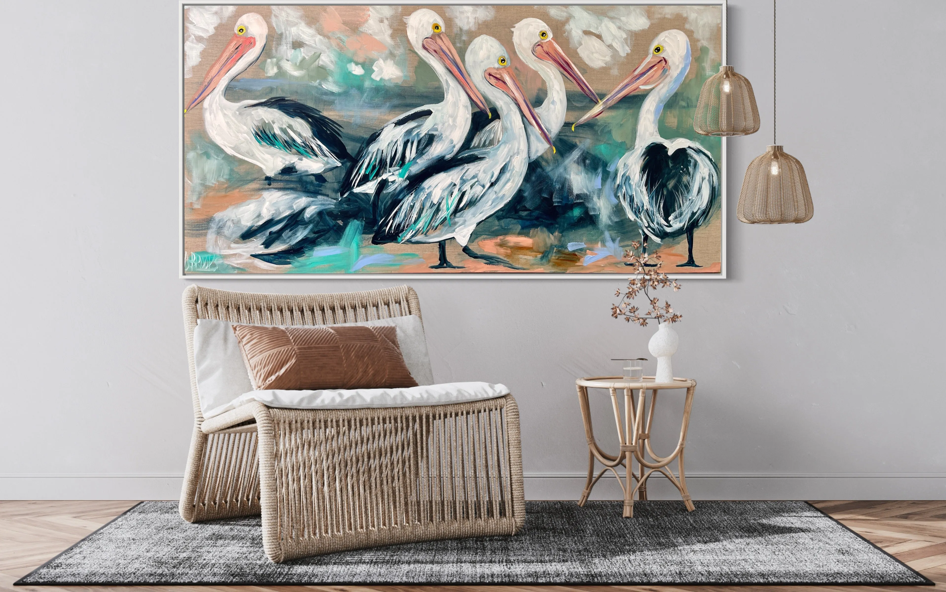 Pelicans on parade-  Original on Belgian linen  75x150 Cm