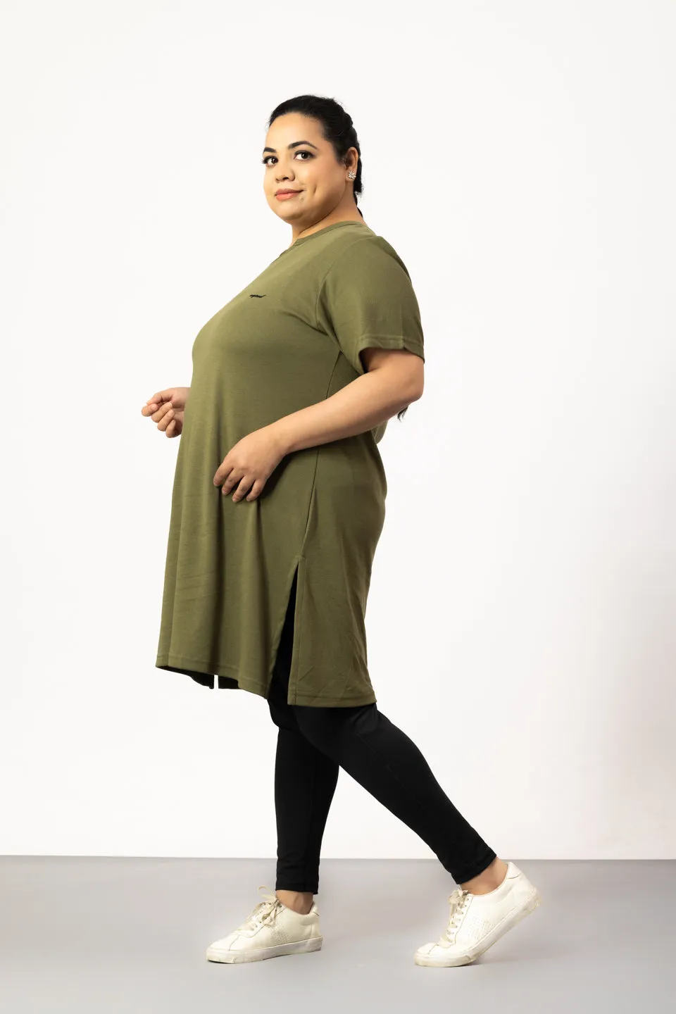 Plus Size Half Sleeves Long Top For Women - Olive Green