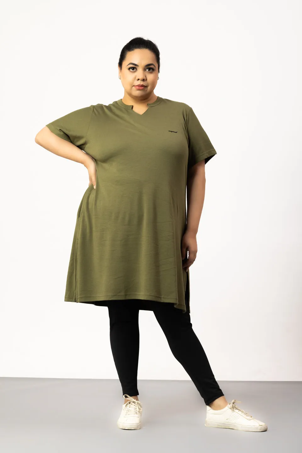 Plus Size Half Sleeves Long Top For Women - Olive Green