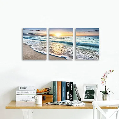 QICAI 3 PANEL CANVAS WALL ART FOR HOME DECOR BLUE SEA SUNSET WHITE BEACH PAINTING THE PICTURE PRINT ON CANVAS SEASCAPE THE PICTURES FOR HOME DECOR DECORATION,READY TO HANG