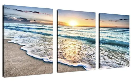 QICAI 3 PANEL CANVAS WALL ART FOR HOME DECOR BLUE SEA SUNSET WHITE BEACH PAINTING THE PICTURE PRINT ON CANVAS SEASCAPE THE PICTURES FOR HOME DECOR DECORATION,READY TO HANG