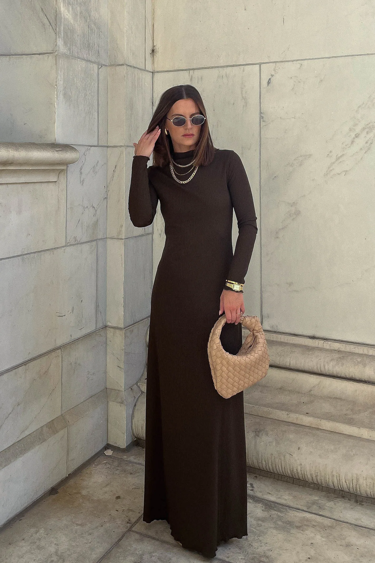 ROWAN LONG SLEEVE MAXI DRESS / BROWN