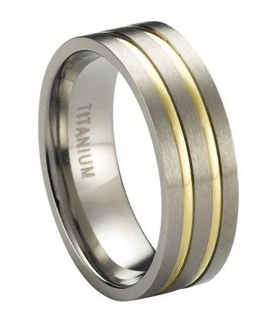 Satin-Finished Titanium Wedding Ring with Two Gold Plated Bands | 8mm