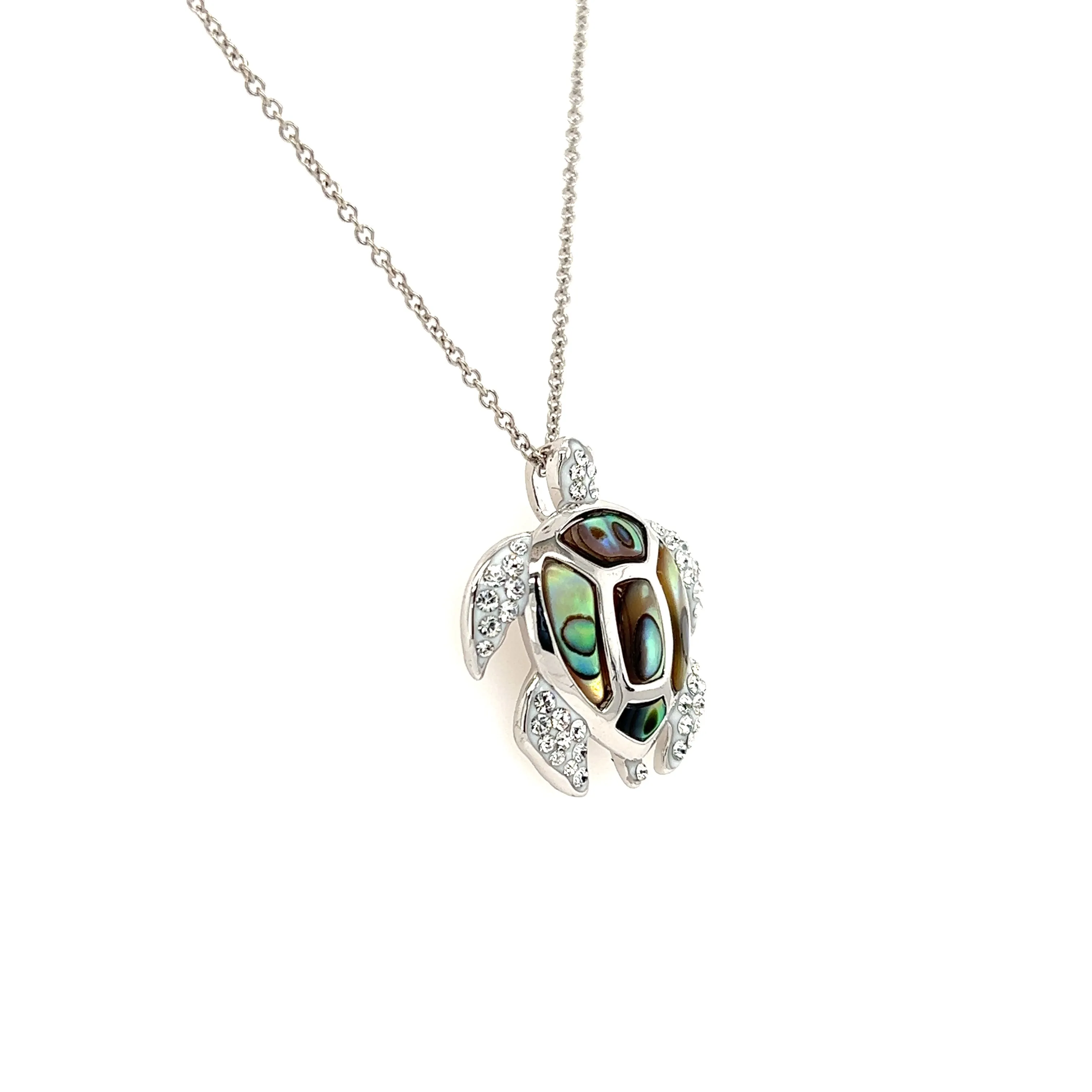 Sea Turtle Necklace with Abalone Shell Accents and White Crystals in Sterling Silver