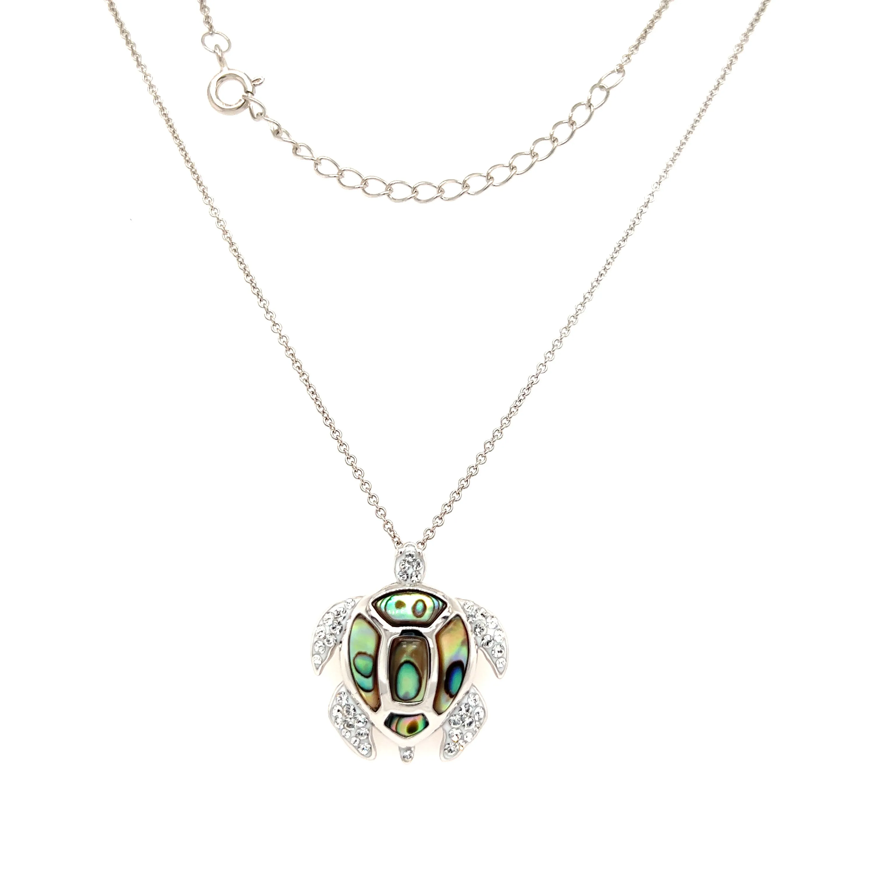 Sea Turtle Necklace with Abalone Shell Accents and White Crystals in Sterling Silver