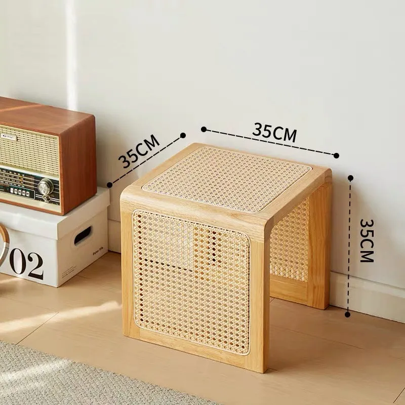 Square Wood and Rattan Side Table